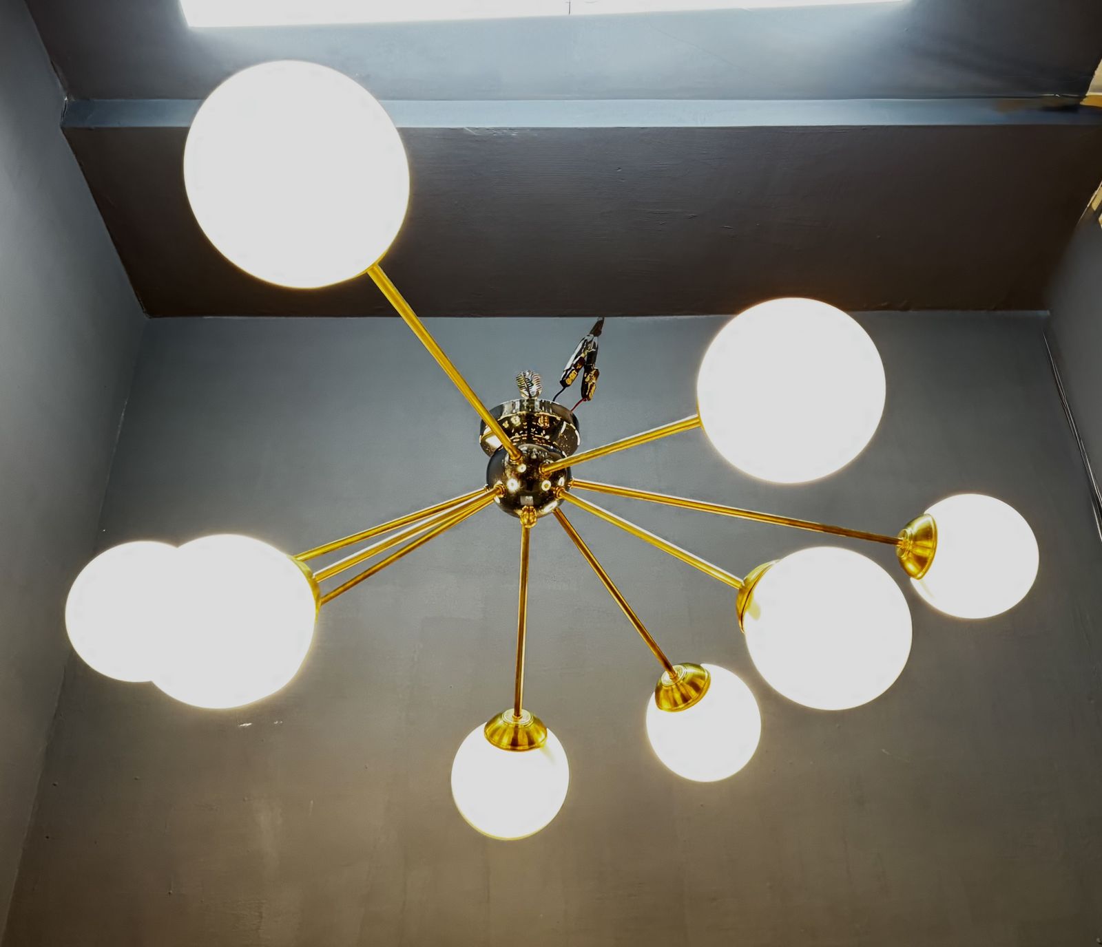 Post Modern Sputnik Chandelier In Brass And Opaline Glass, Italy, 1980s/90s photo Lighting