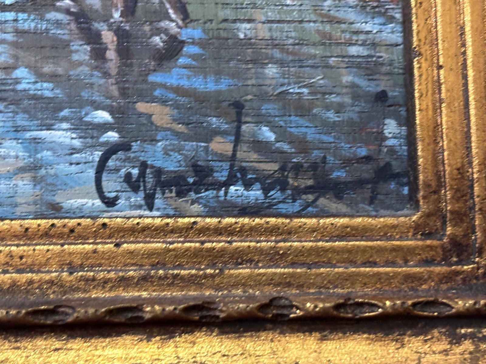 Original Vintage Oil On Board Painting | Winter Landscape | Dutch Ornate Gilt Frame Signed By Artist photo Art