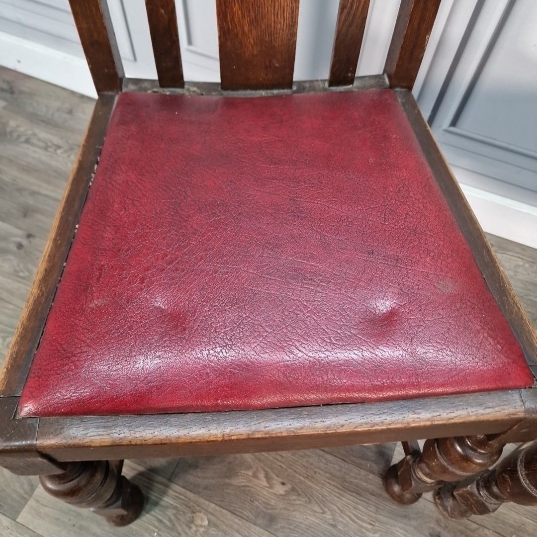 Antique Oak Dining Chairs Red Leather Seats Pair Arts & Crafts Vintage Seats photo Furniture