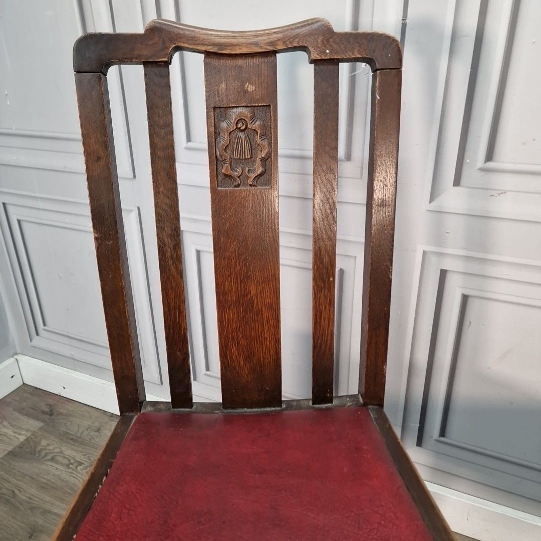 Antique Oak Dining Chairs Red Leather Seats Pair Arts & Crafts Vintage Seats photo vintage