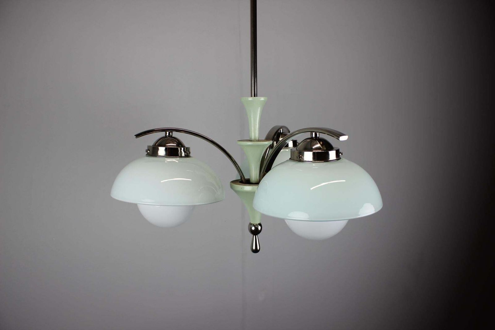 Art Deco Chandelier 1930s Czechoslovakia Mint Glass Chrome Ceiling Light photo for sale