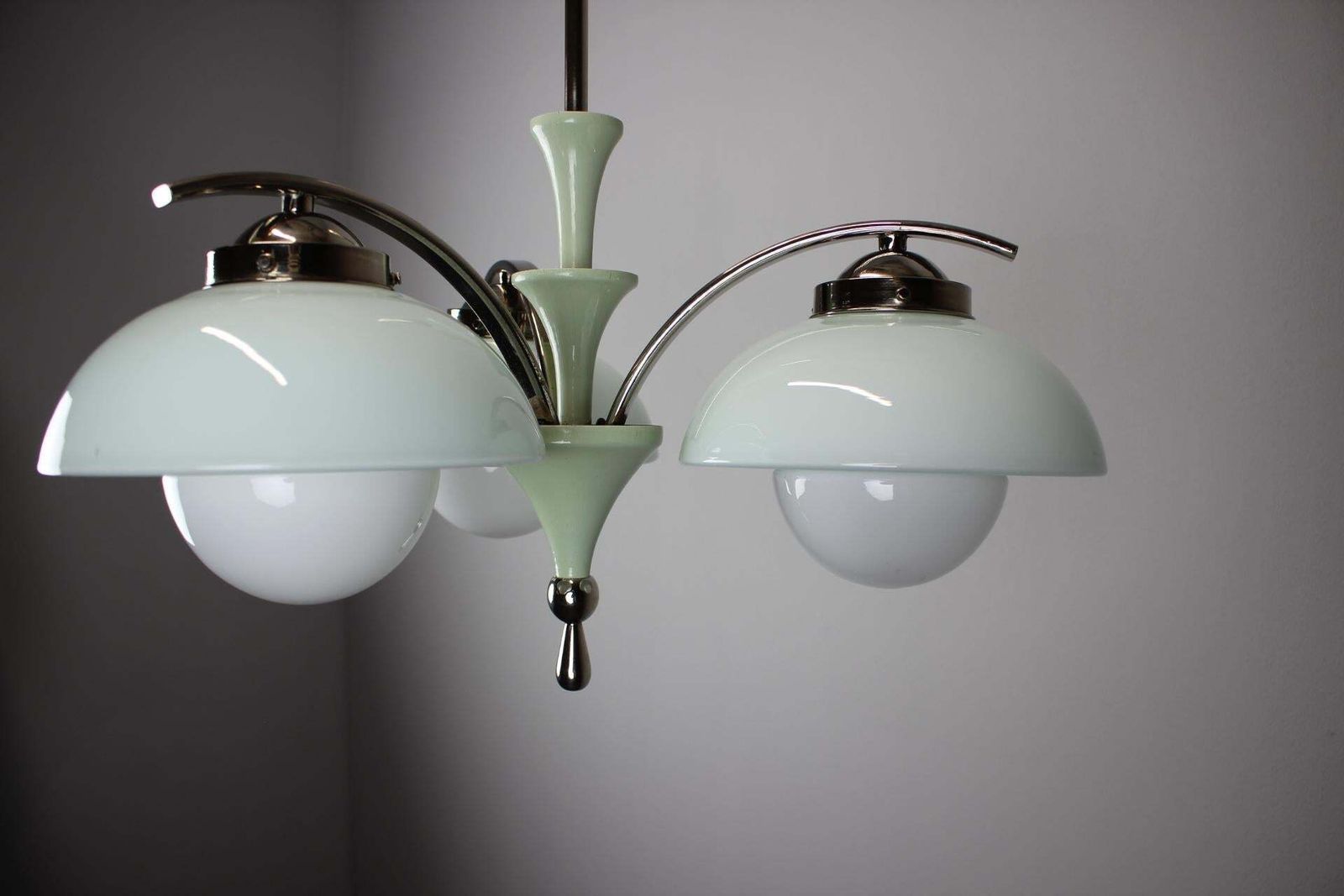 Art Deco Chandelier 1930s Czechoslovakia Mint Glass Chrome Ceiling Light photo Lighting