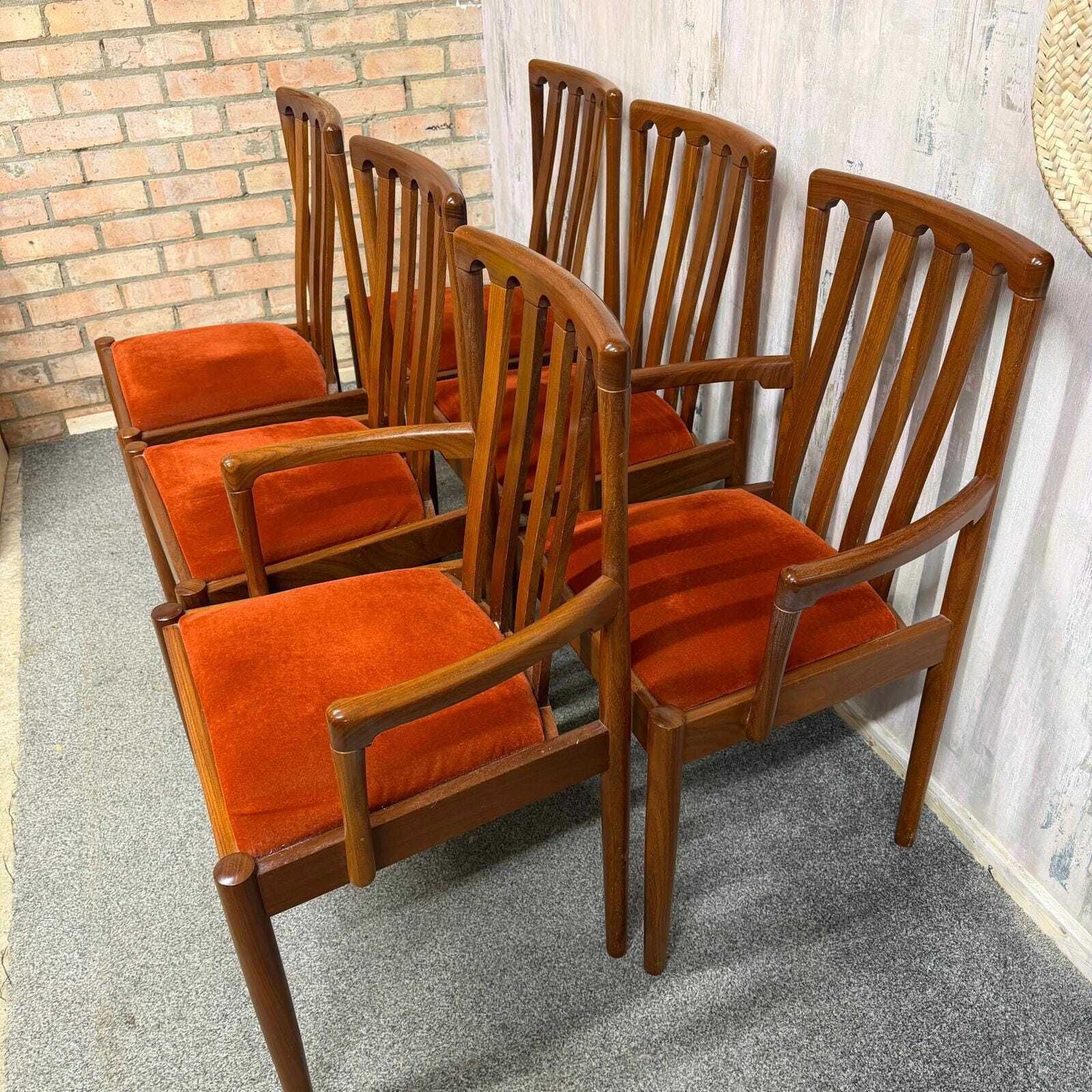 6x Meredew Mid Century Teak Dining Chairs Upholstered Seats 2x Carvers 4x Chairs photo Furniture