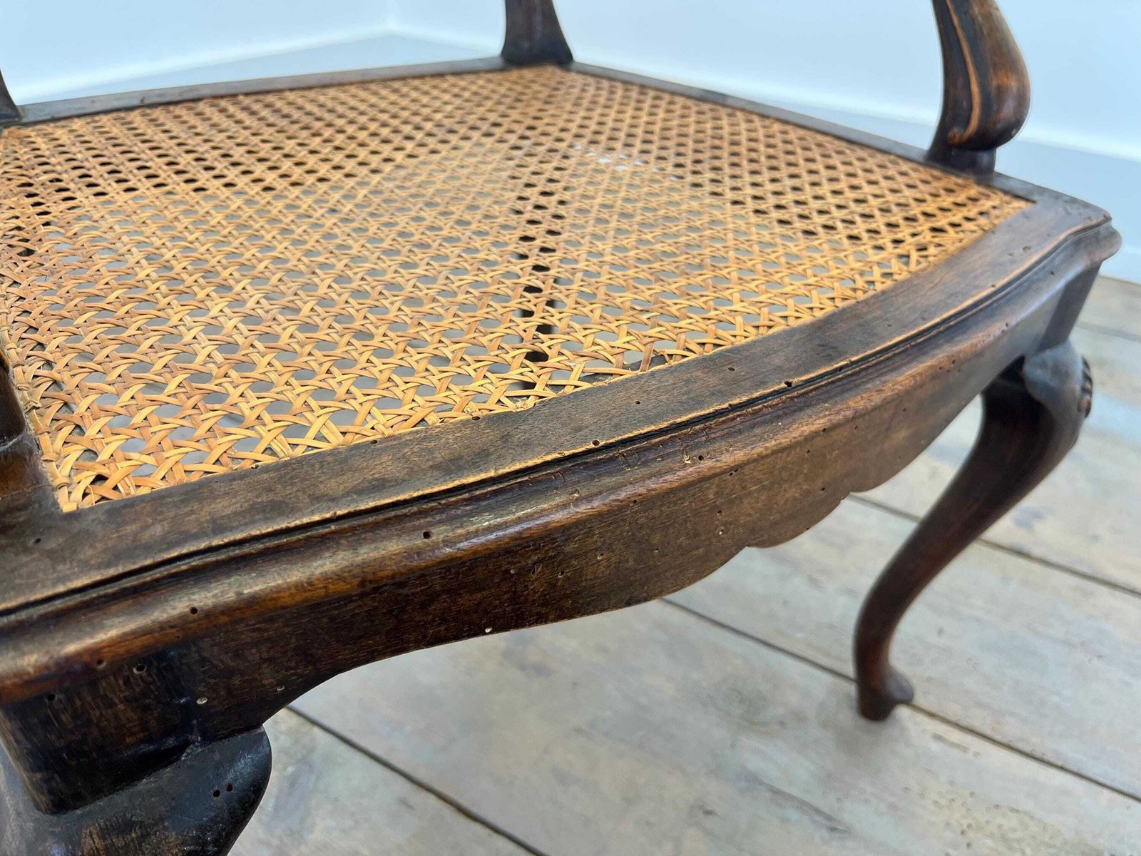 photo for sale Antique French Rattan Armchair / Hand Carved Wood / 1890s