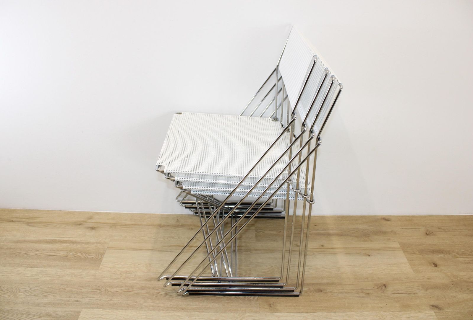 photo buy Set Of 4 Designer Chairs By Niels Jorge Haugesen X Line / Mcm Metal Dining Chairs / Italian Dining Chairs 80s
