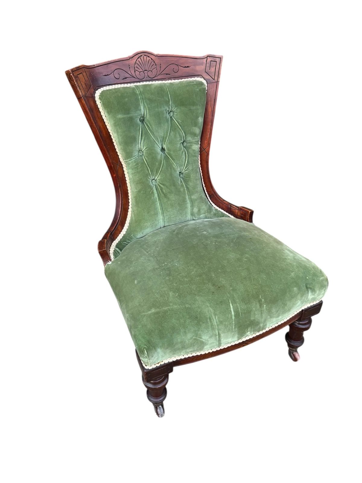 Antique Victorian Upholstered In Original Green Velvet Button Back Nursing Chair