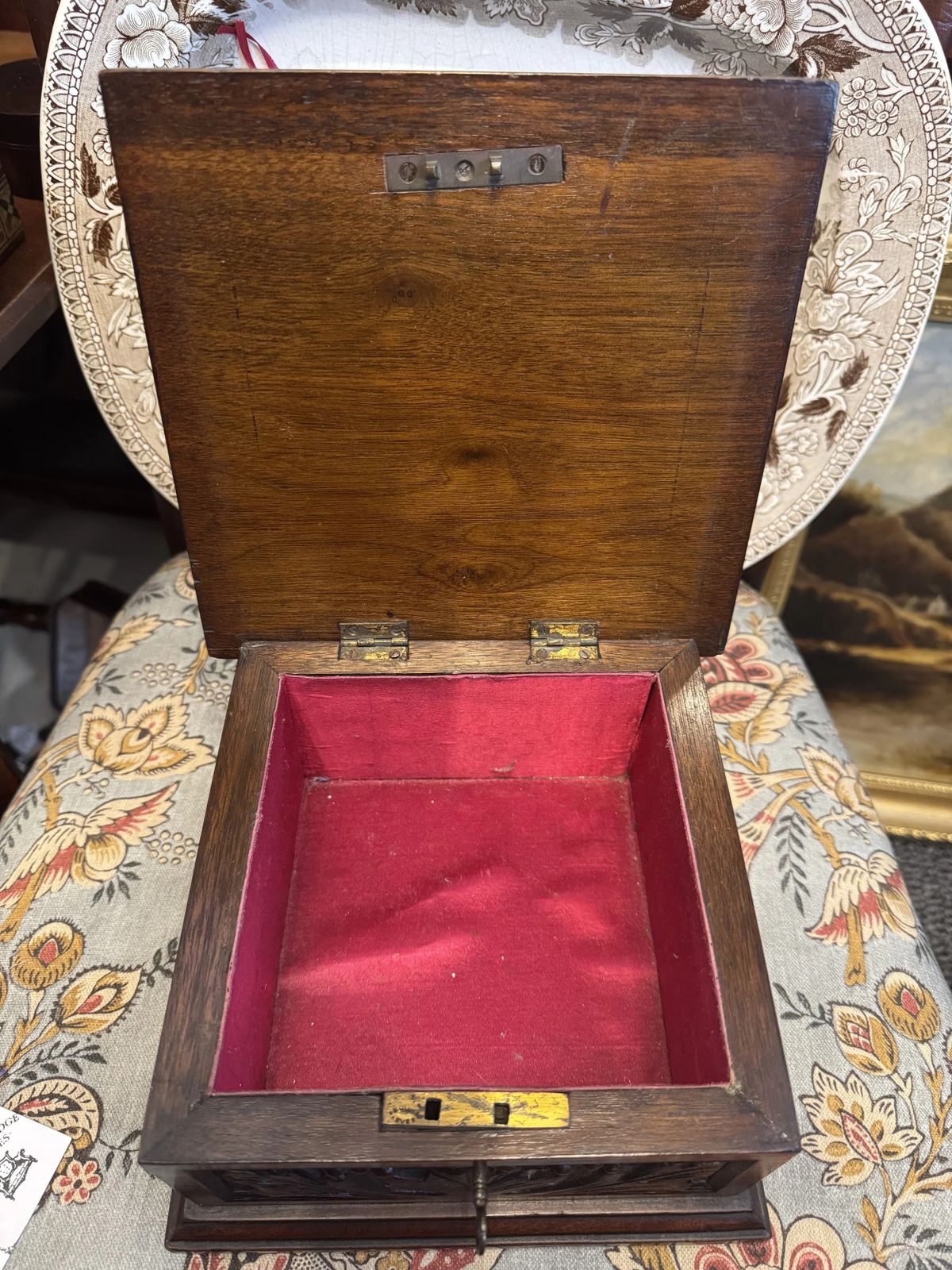 Antique Victorian Art Nouveau Style Carved Floral Mahogany Jewellery Box photo for sale