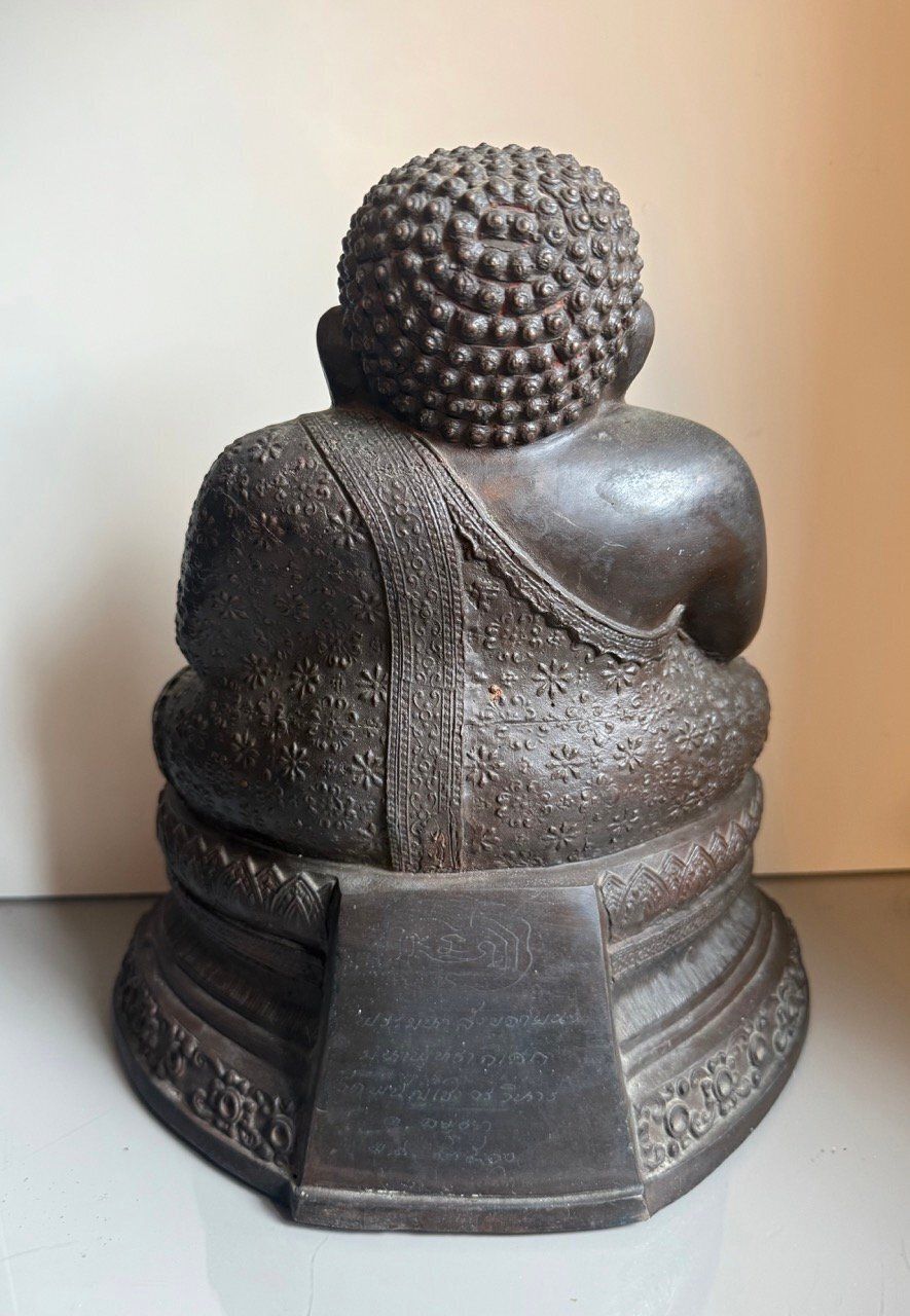 Large Seated Thai Bronze Buddha With Robe Detailing And Inscription photo Art