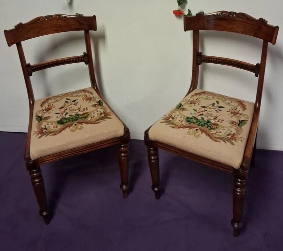 Vintage Pair Of Chairs In Regency Style & Needlepoint Seat Cushion
