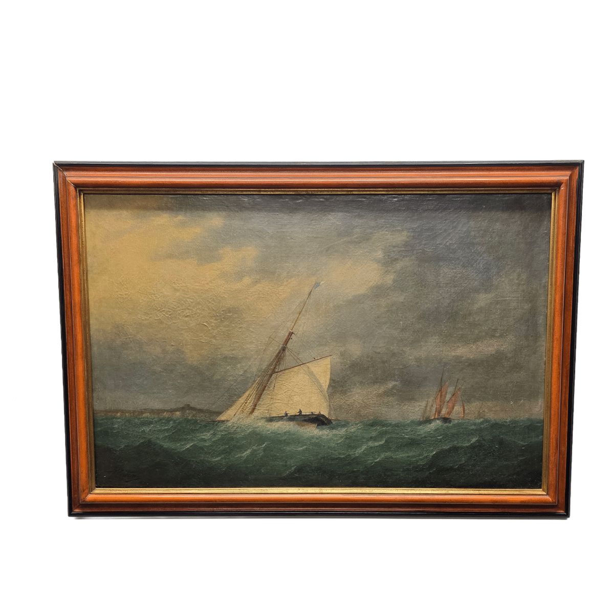 Antique Painting With A Sailboat On A Rough Sea, From Around 1900