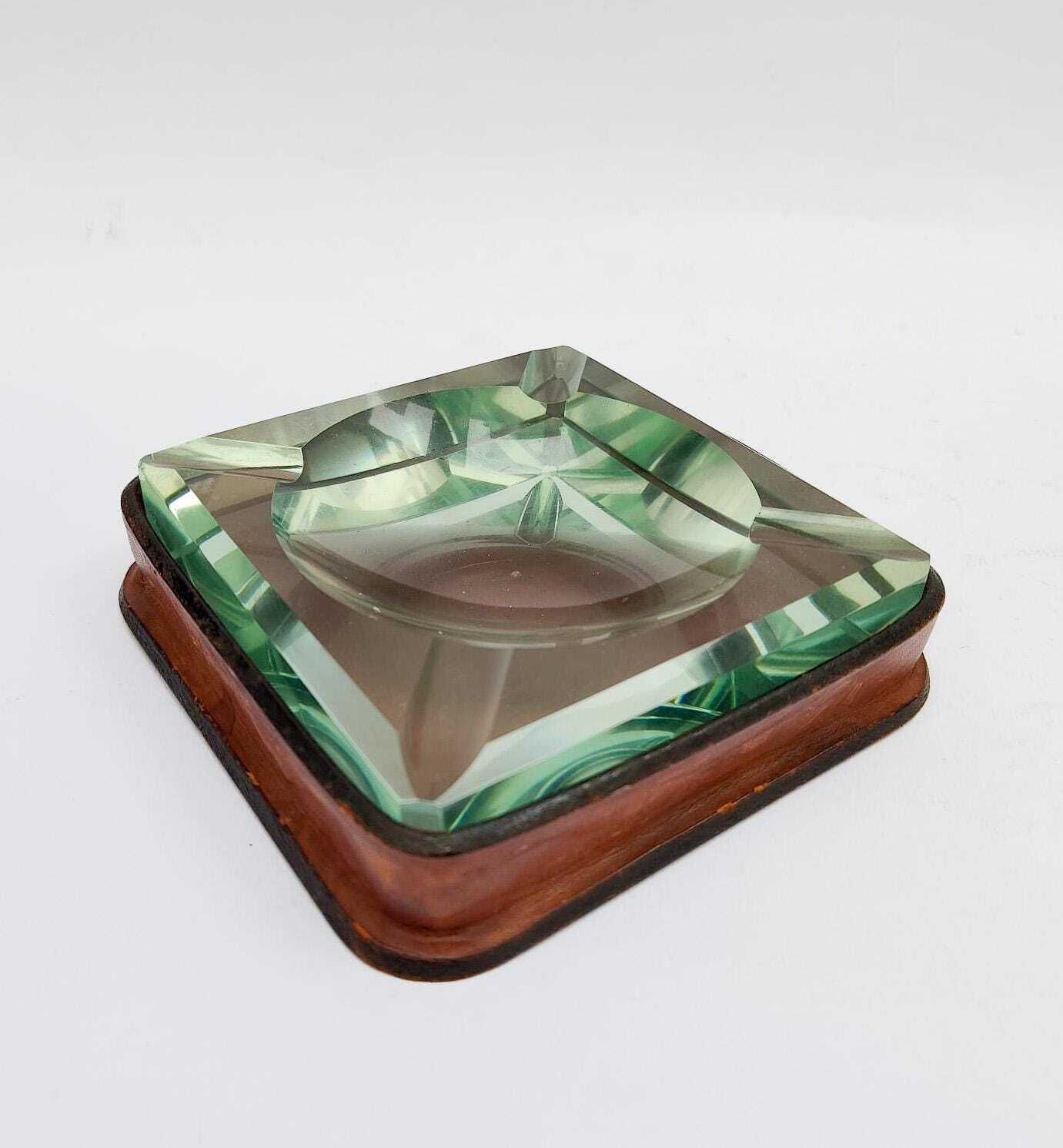 Fontana Arte Style Thick Glass Ashtray With Leather Base, Vintage Space Age Design