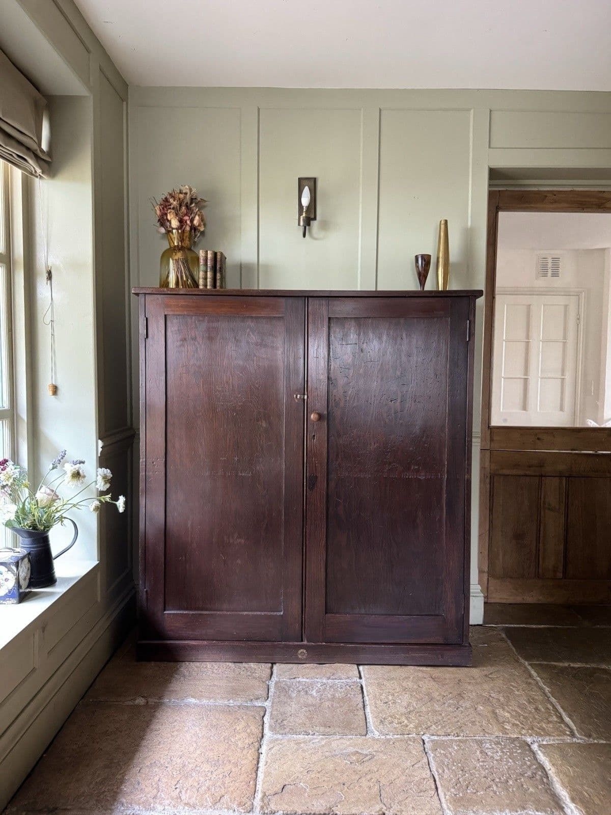 Large Vintage Stained Pine School Hall Larder Cupboard Cabinet Sideboard photo for sale