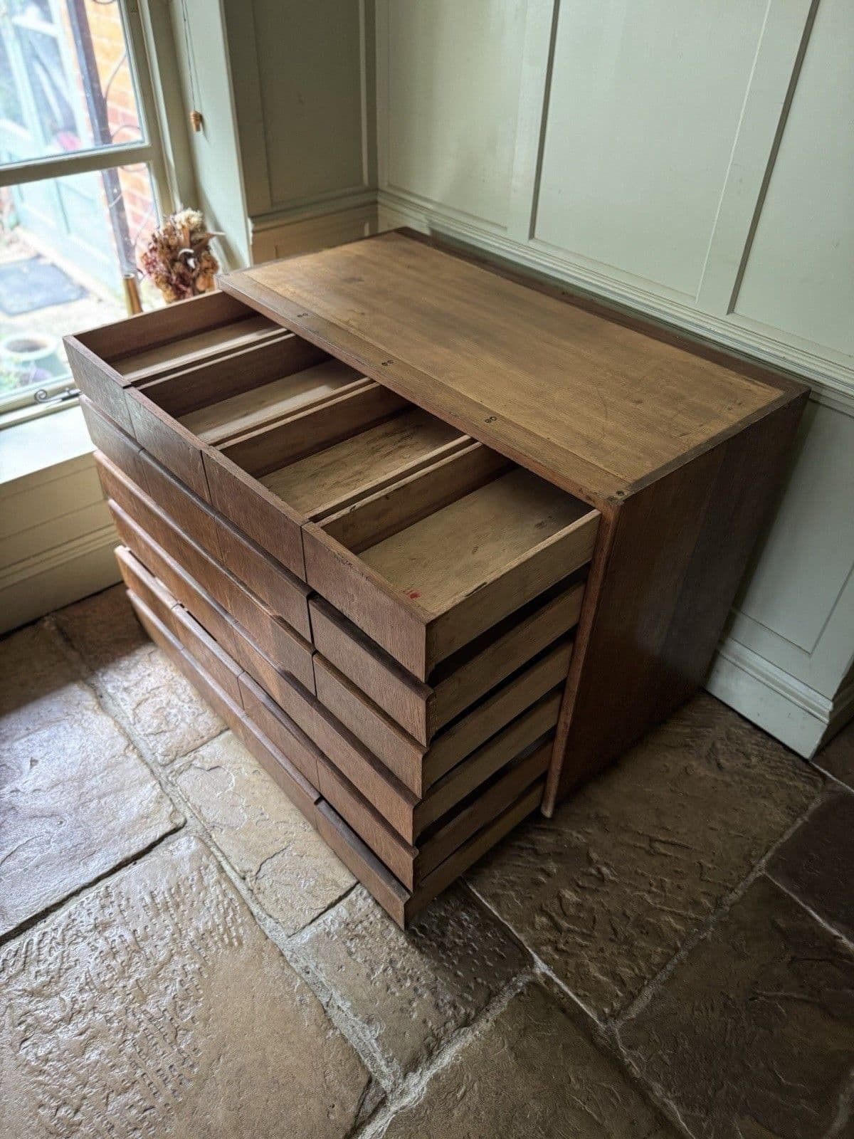 photo for sale Vintage Midcentury Oak Veneer & Ply Haberdashery Apothecary Chest Of Drawers(24)