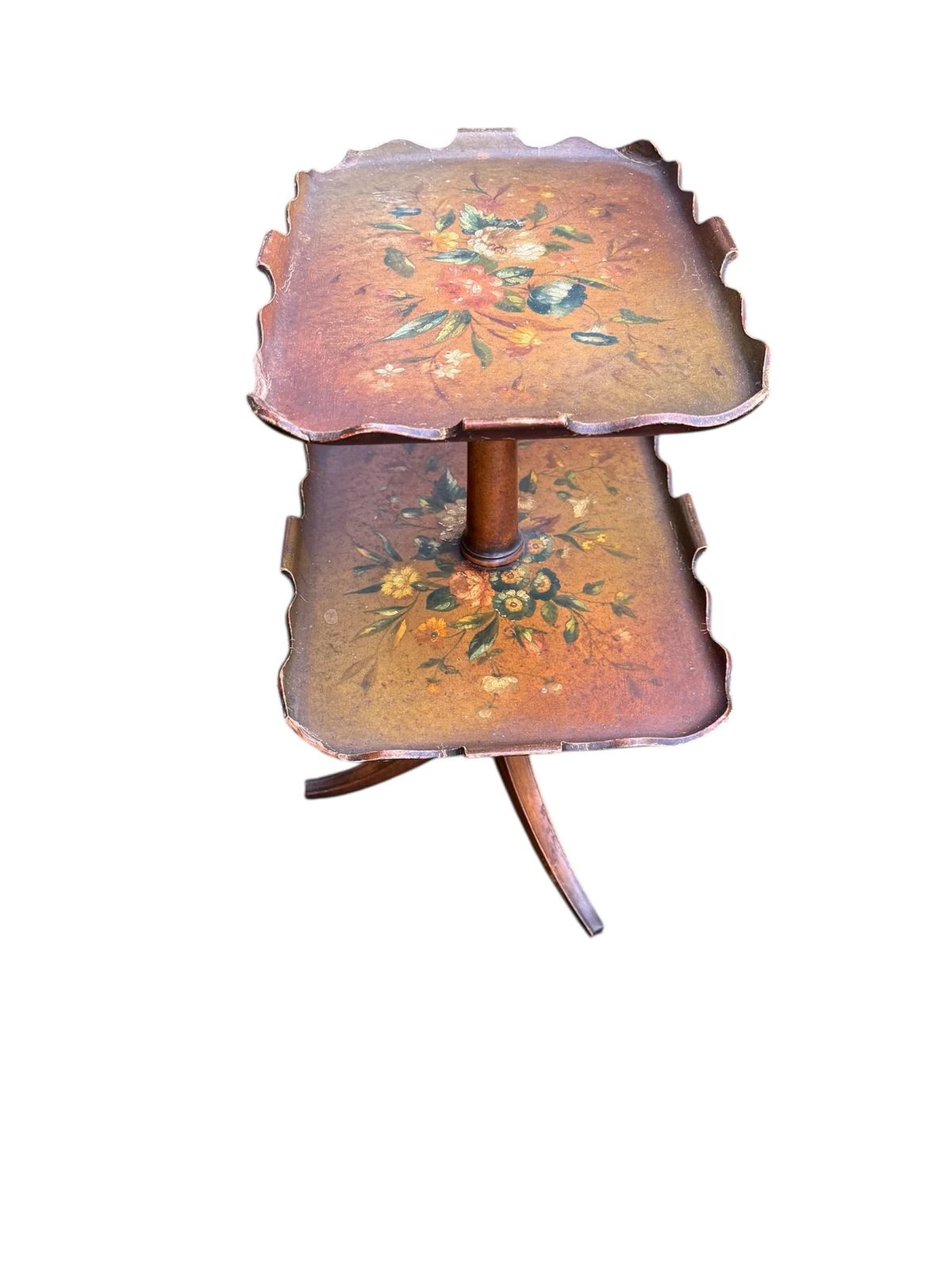 Antique Victorian Hand Painted Paper Mache Two Tier Dumb Waiter Stand photo 110.0
