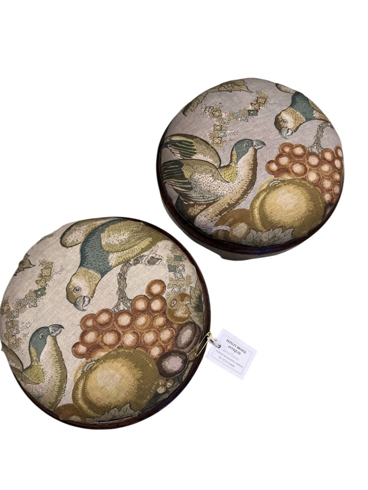 Antique Victorian Pair Of Round Dark Mahogany Framed Footstools Recovered Designer Linen Parrot & Grapes Fabric
