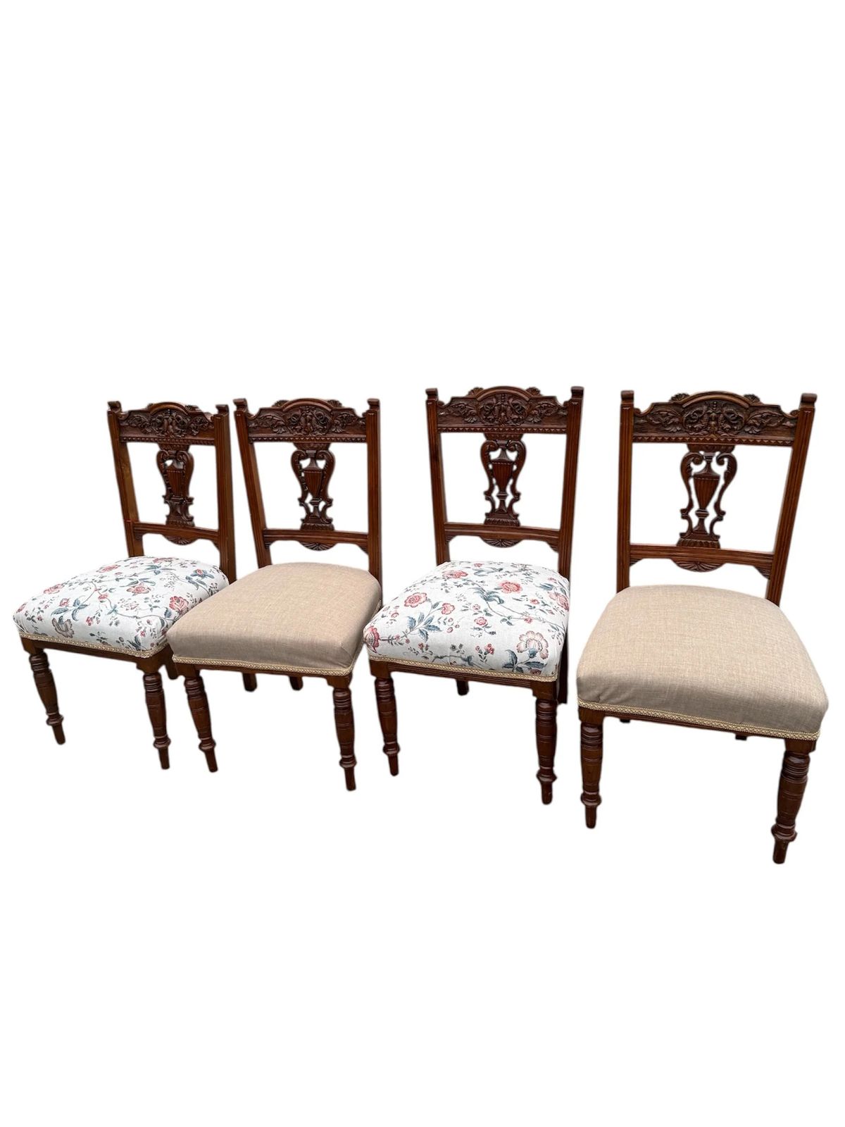 Antique Edwardian Carved Mahogany Dining Chairs Recovered Designer Fabric Set Of Four