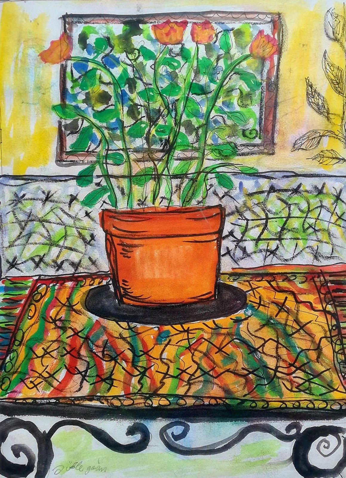 Joelle Gainon, Flowers In A Pot, French Mid Century Watercolour, Follower Of Henri Matisse