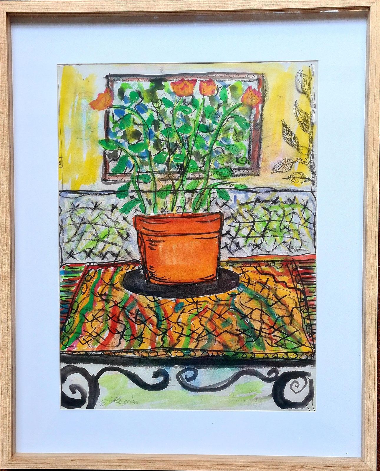Joelle Gainon, Flowers In A Pot, French Mid Century Watercolour, Follower Of Henri Matisse photo furniture