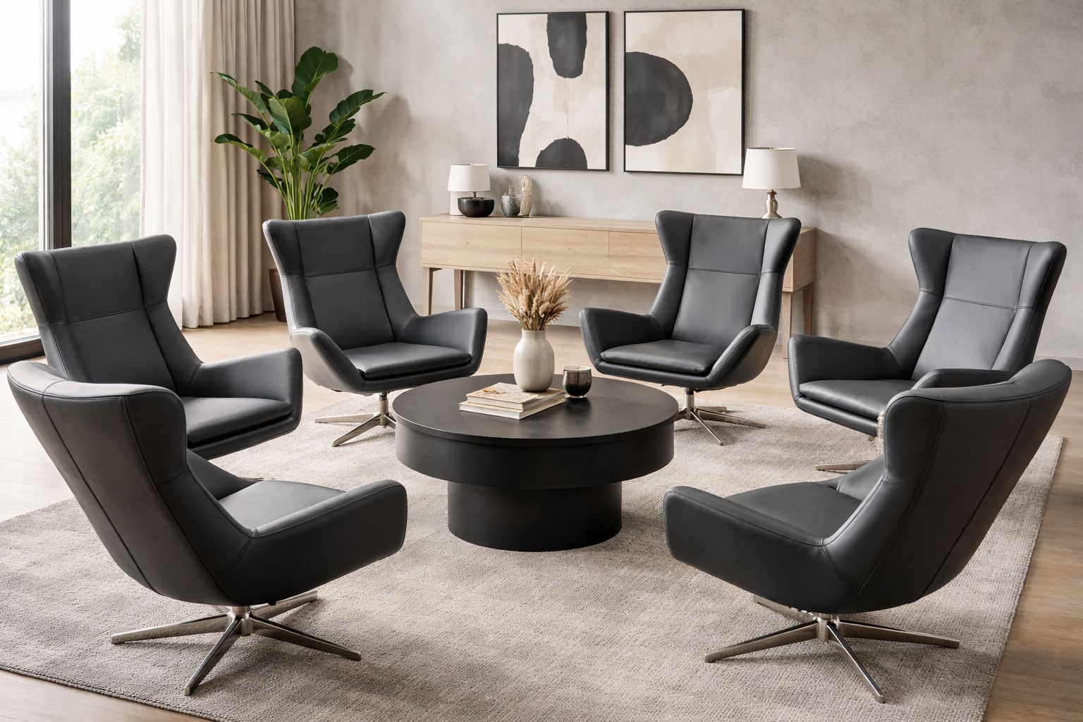 Set Of 6 1970's Vintage Swivel Office Chair, Reupholstered In Black Leather photo furniture
