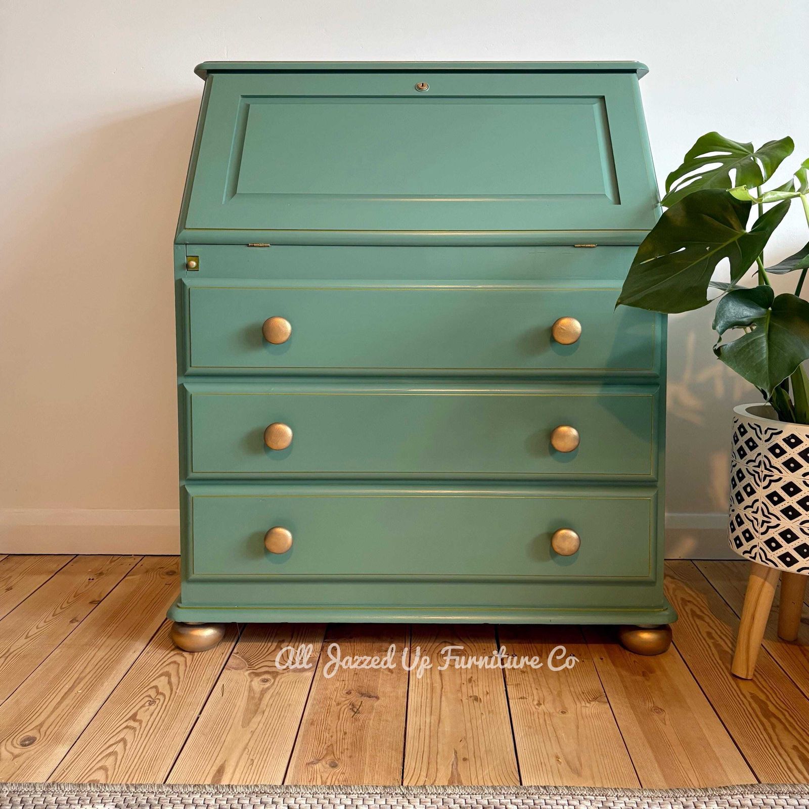 Vintage Sage Green Bureau With Gold Accents/Hand Painted Writing Desk/Mid Century Home Office/Emerald Gold Upcycled Furniture