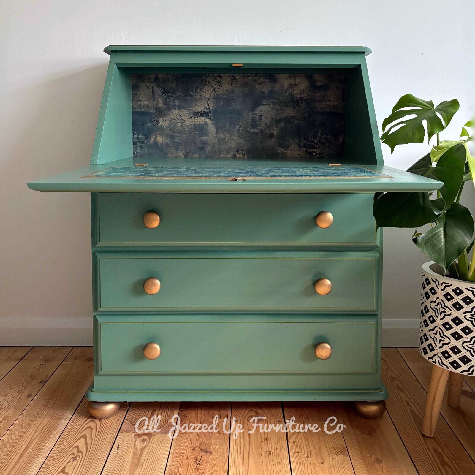 Vintage Sage Green Bureau With Gold Accents/Hand Painted Writing Desk/Mid Century Home Office/Emerald Gold Upcycled Furniture photo buy