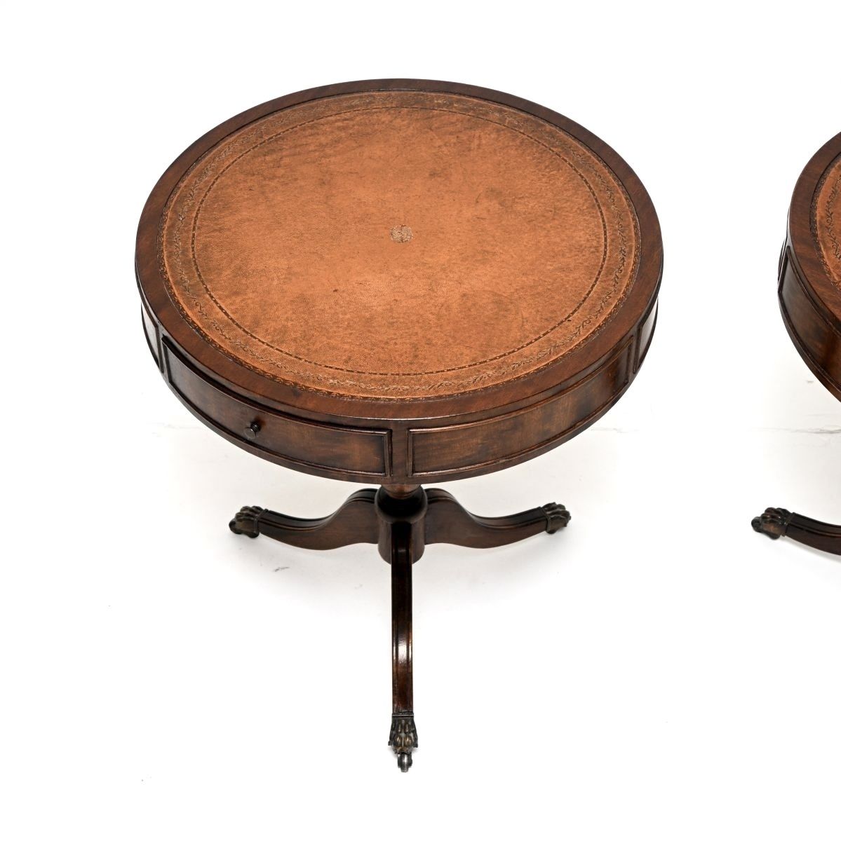 Pair Of Antique Mahogany Leather Top Drum Tables photo for sale