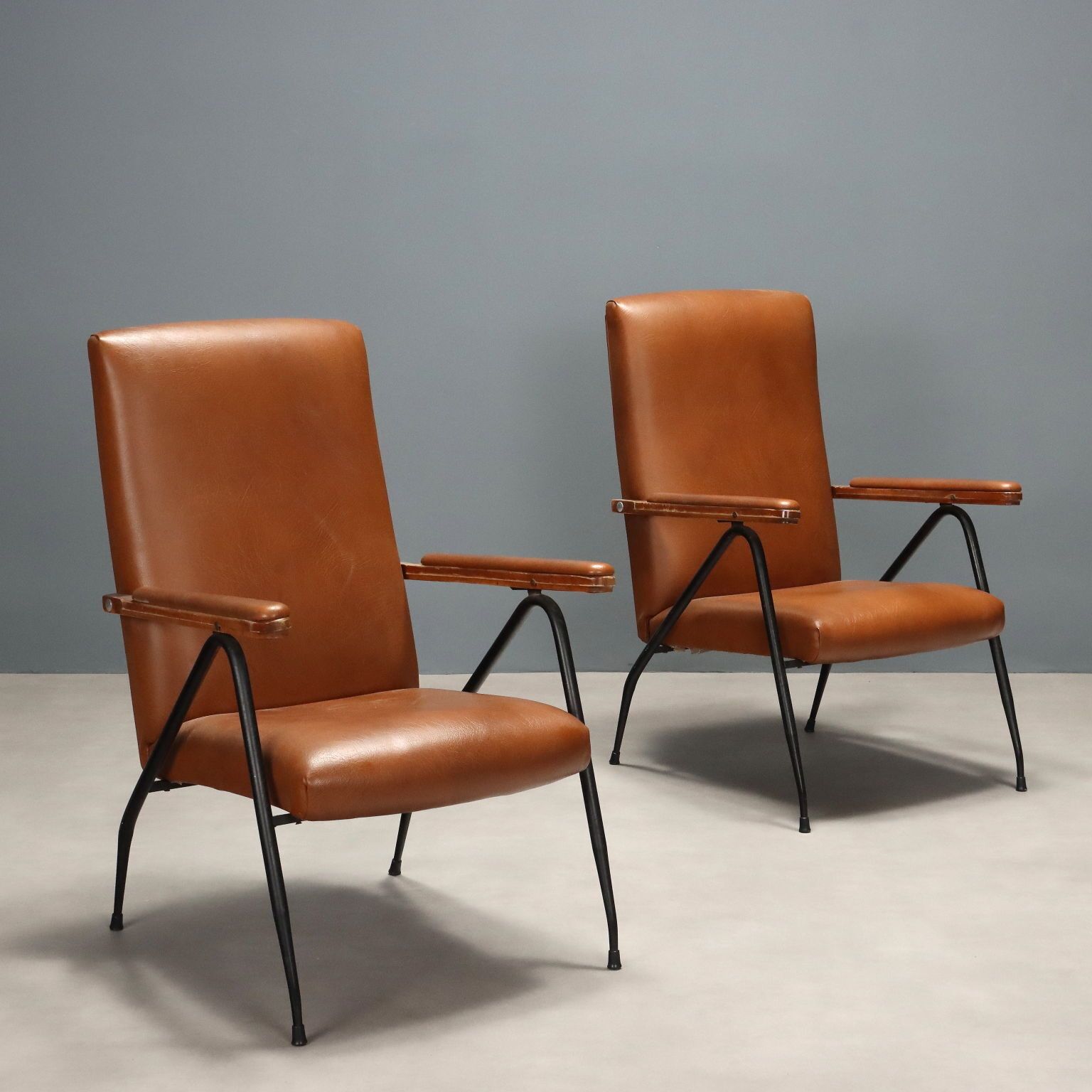 Vintage Armchairs Fabric Foam Lacquered Metal Design Italy 1960s