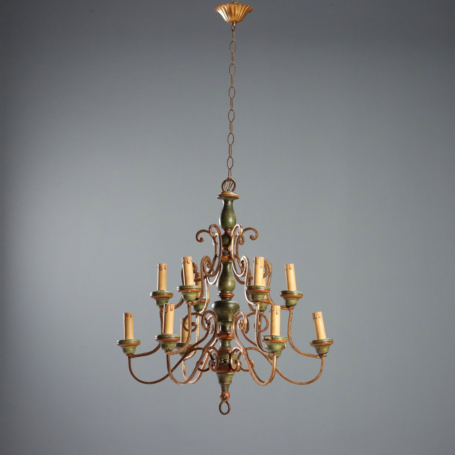 Antique Chandelier Gilded Lacquered Iron Italy XX Century