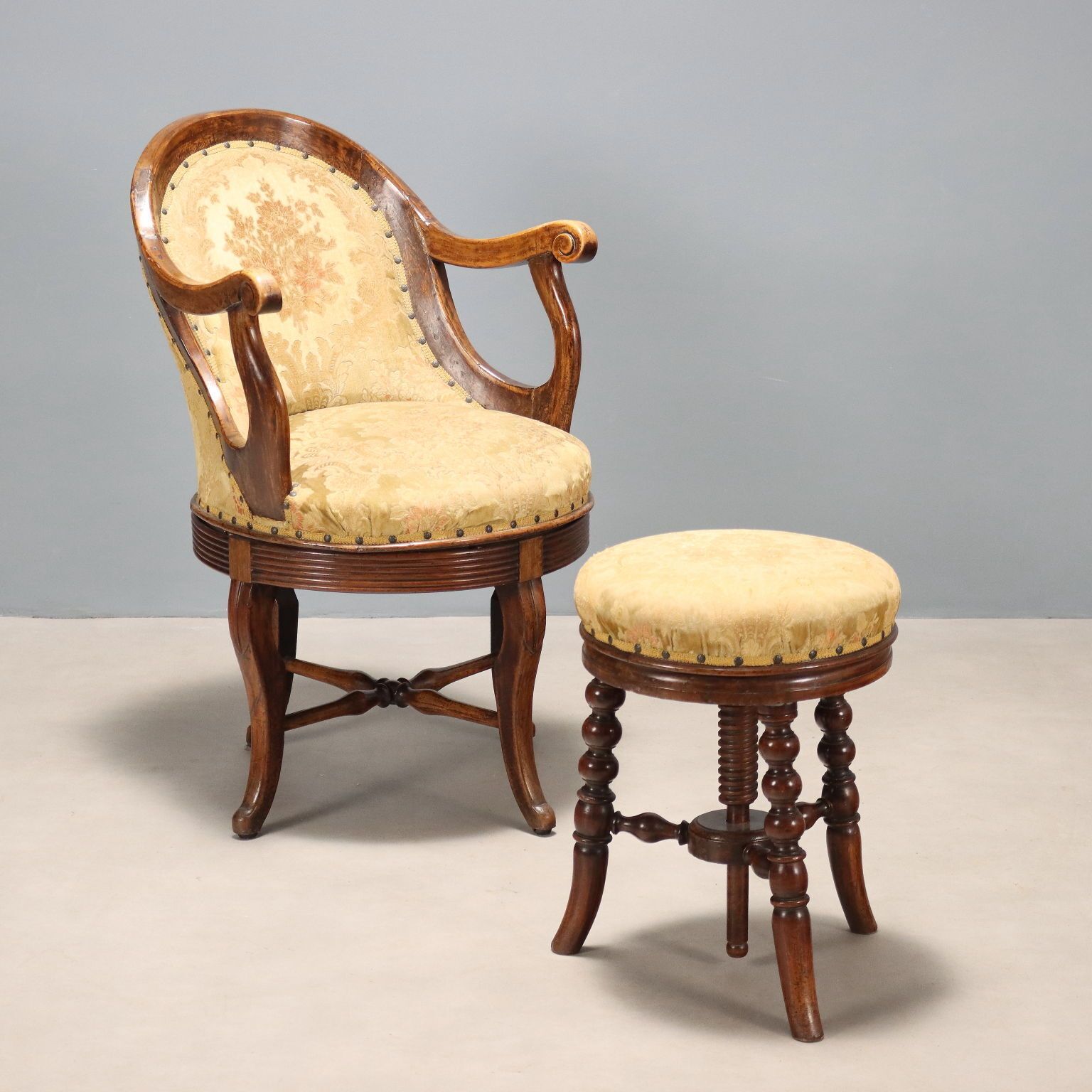 Antique Armchair Set Walnut Fabric Italy XIX Century