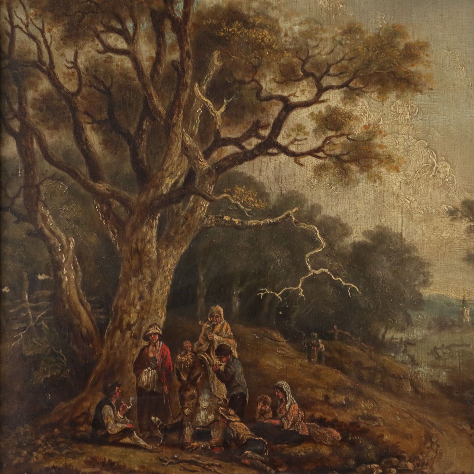 Antique Painting Landscape With Wayfarers Oil On Hardboard '700 photo for sale