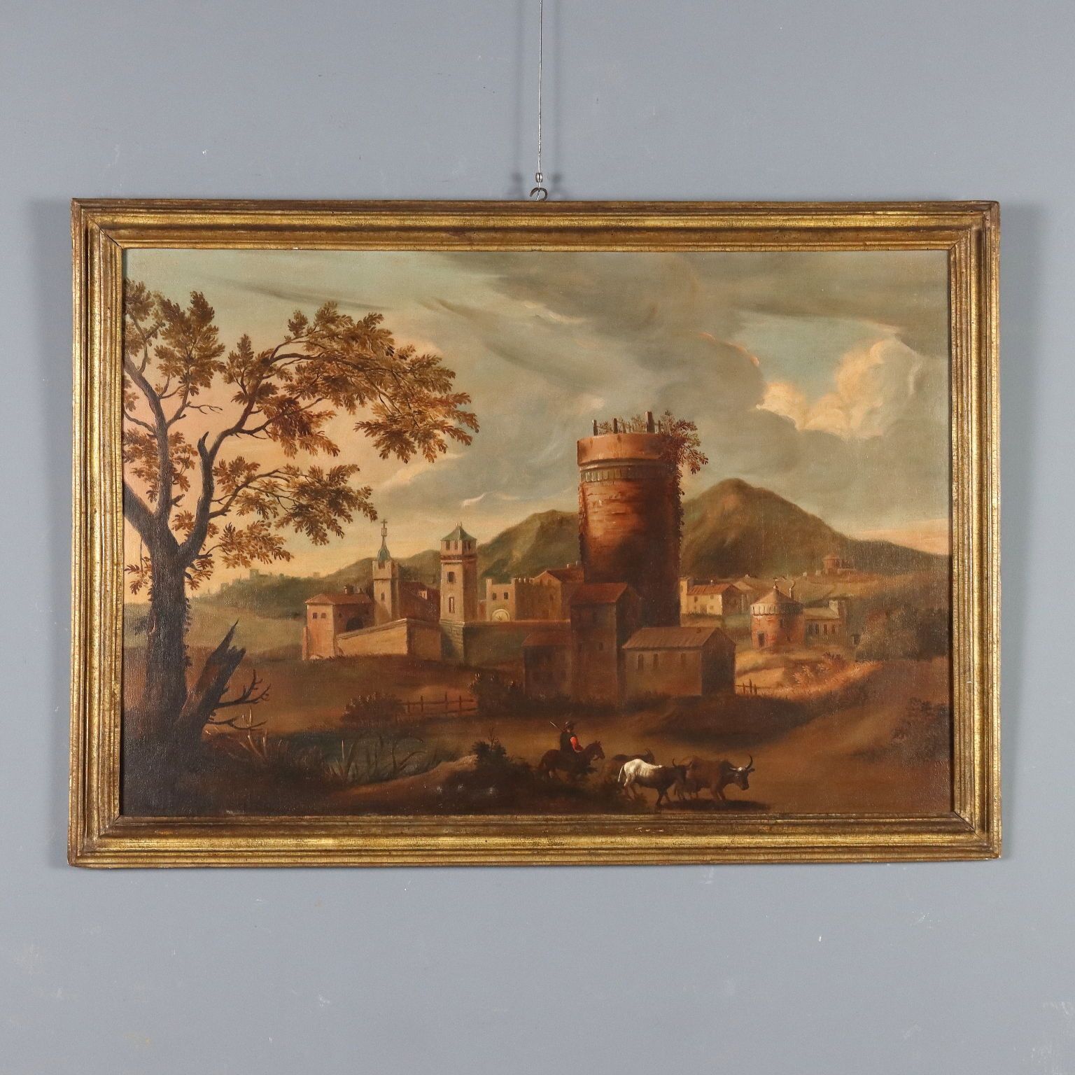 Antique Painting Landscape With Village Oil On Canvas '700