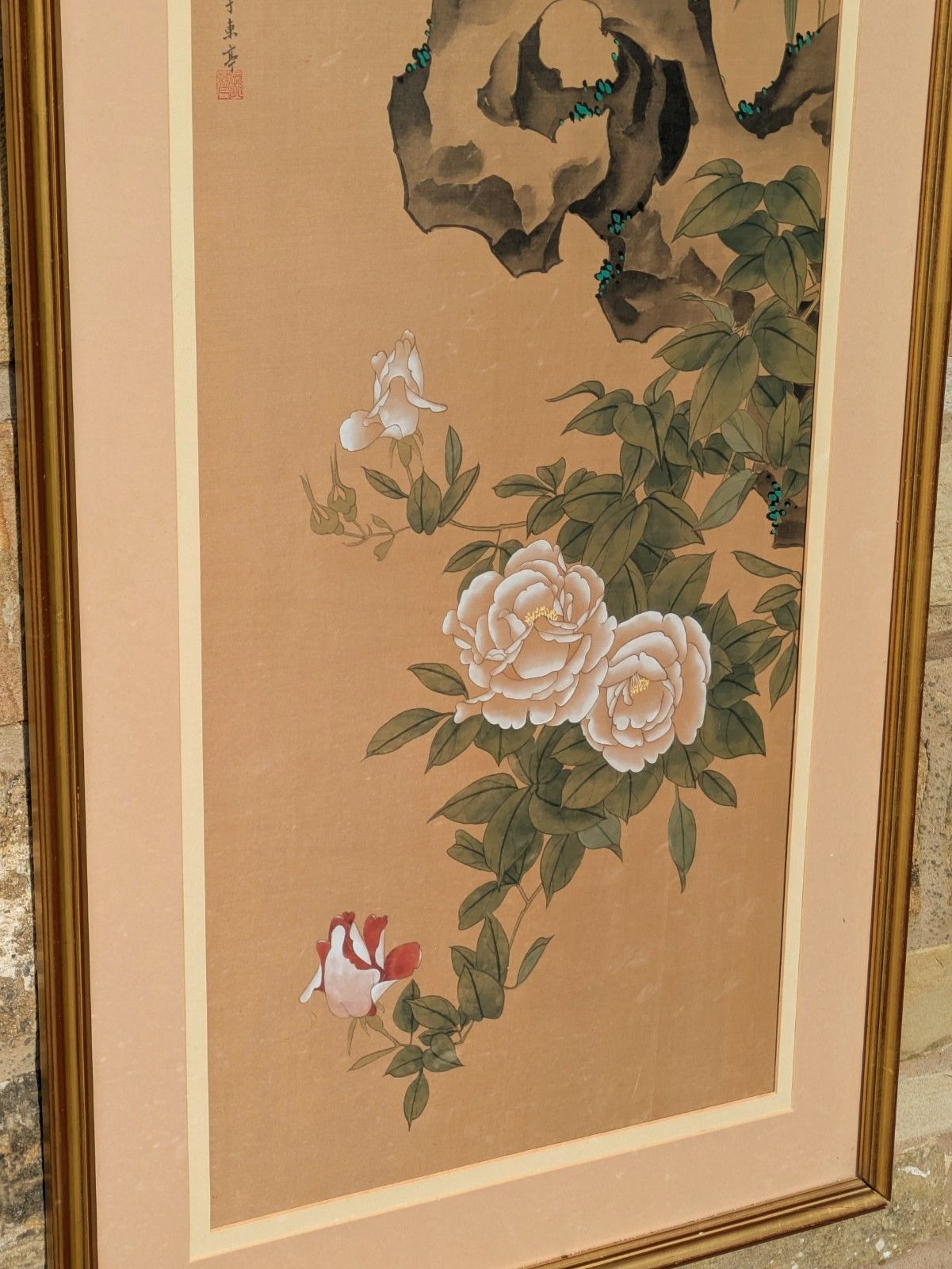 Large Chinese Watercolour On Silk Depicting Birds & Blossoms photo Art