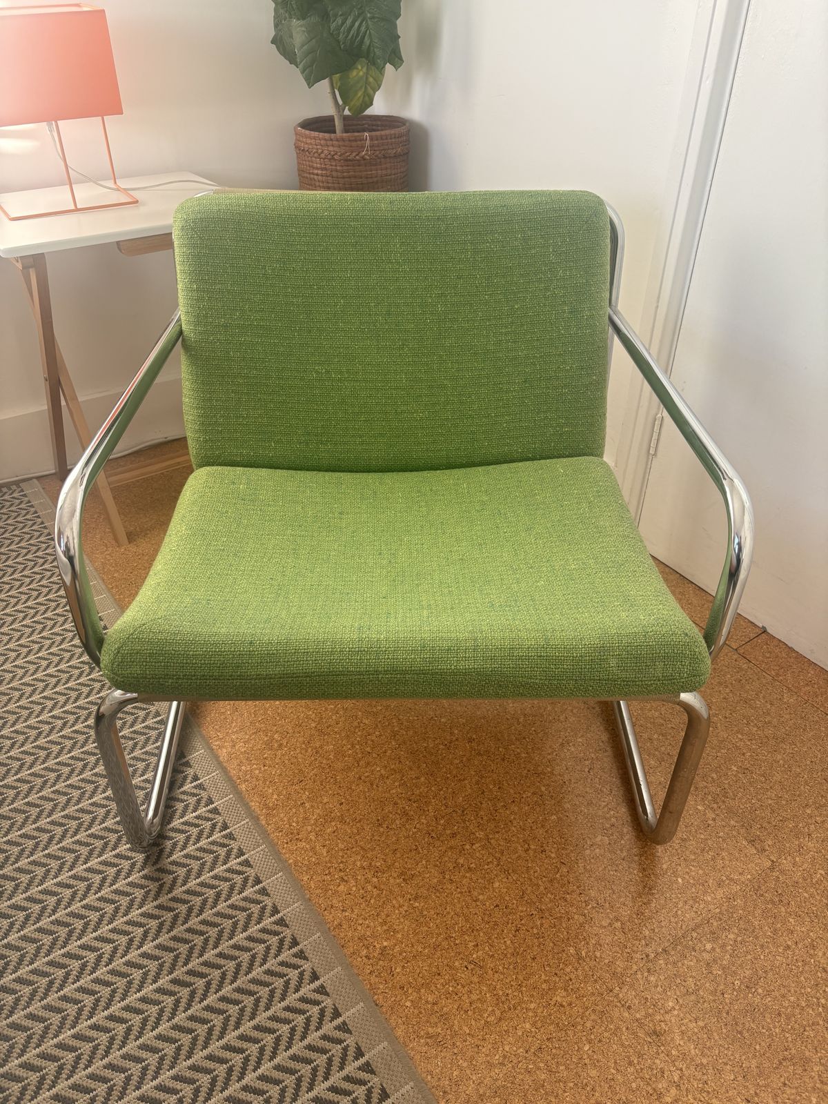 Mid Century Tubular Chrome Armchair With Original Fabric Upholstery In Green