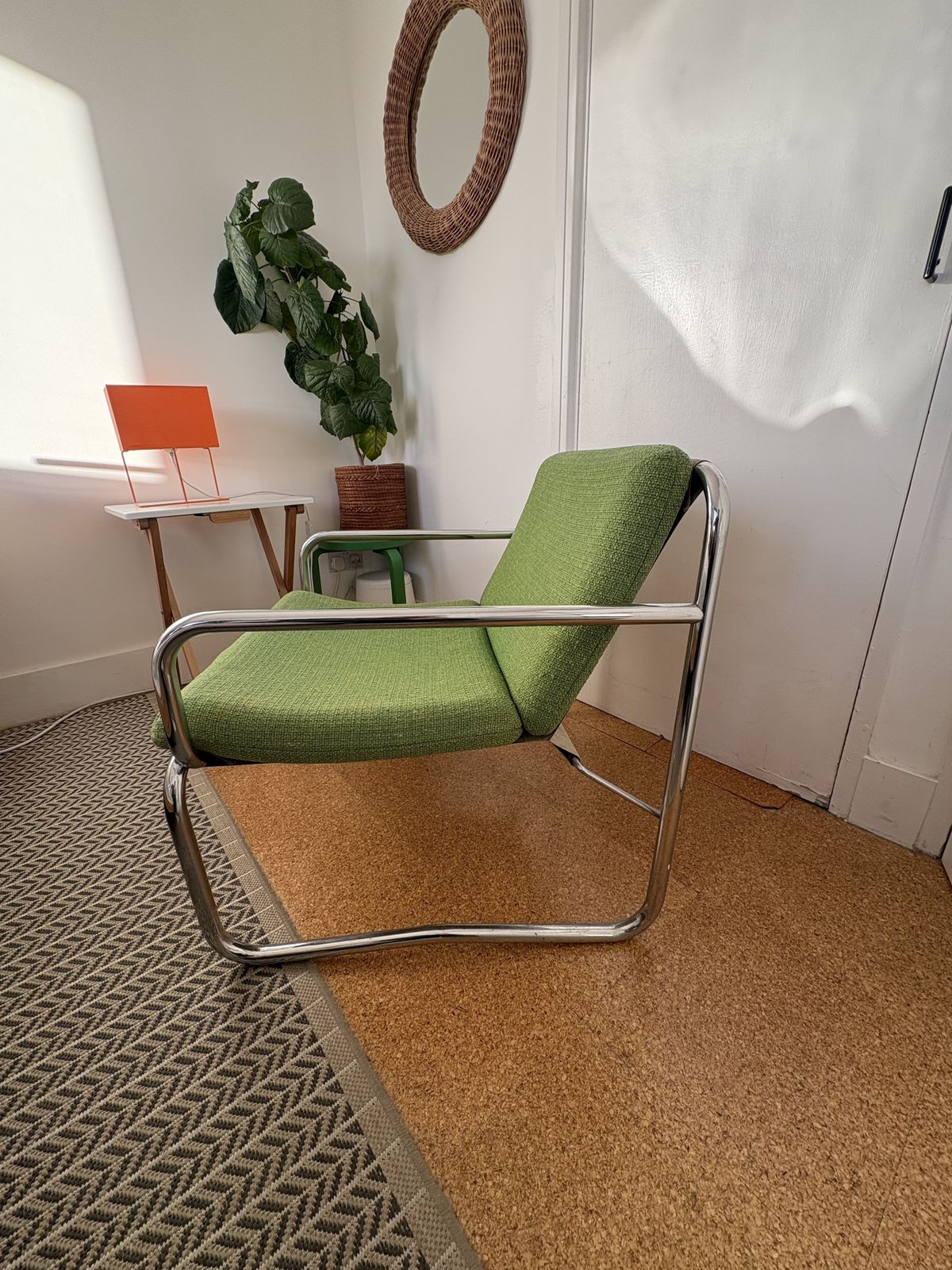 Mid Century Tubular Chrome Armchair With Original Fabric Upholstery In Green photo furniture