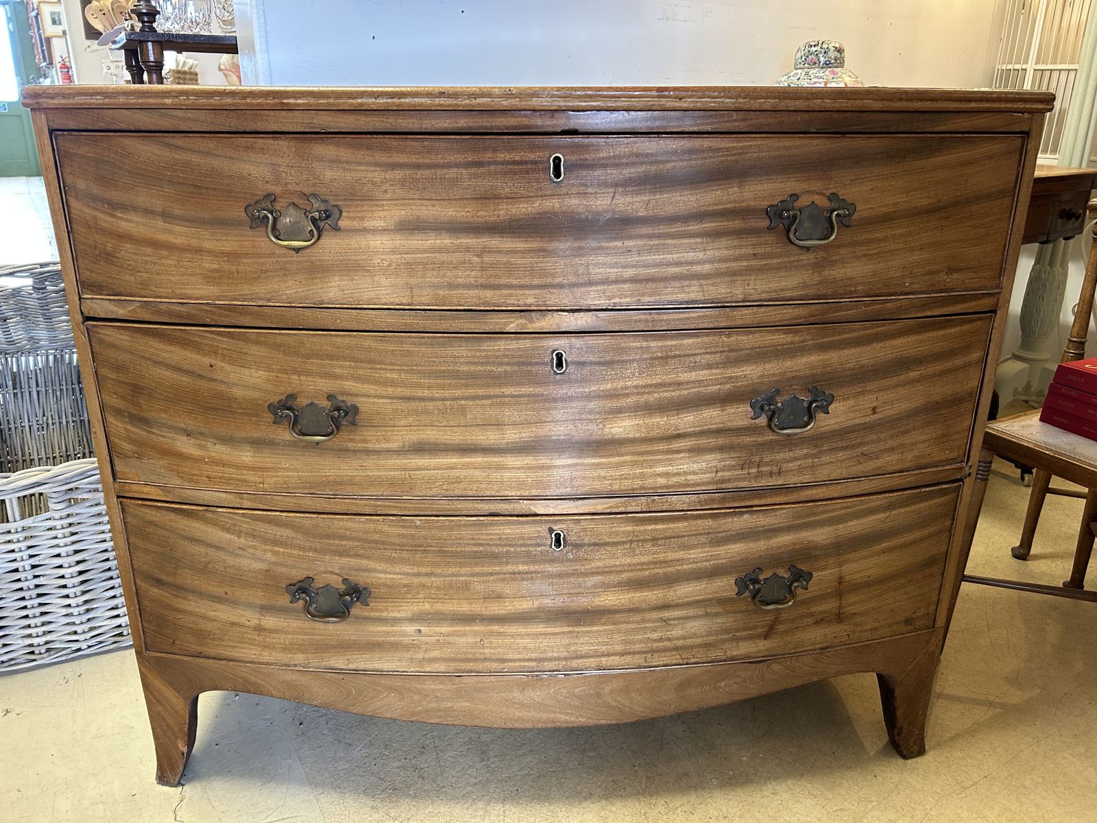 Antique Mahogany Bow Front Chest Of Drawers   With Working Key photo furniture