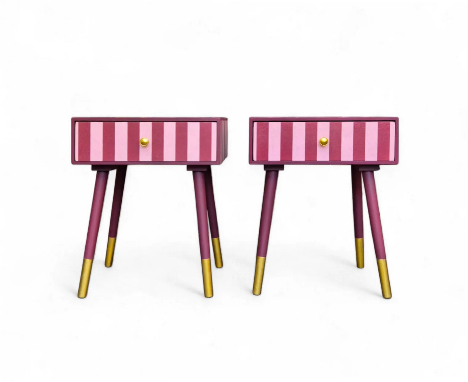 Pair Of Luxury Upcycled Bedsides With Maroon Candy Stripe Decoupage