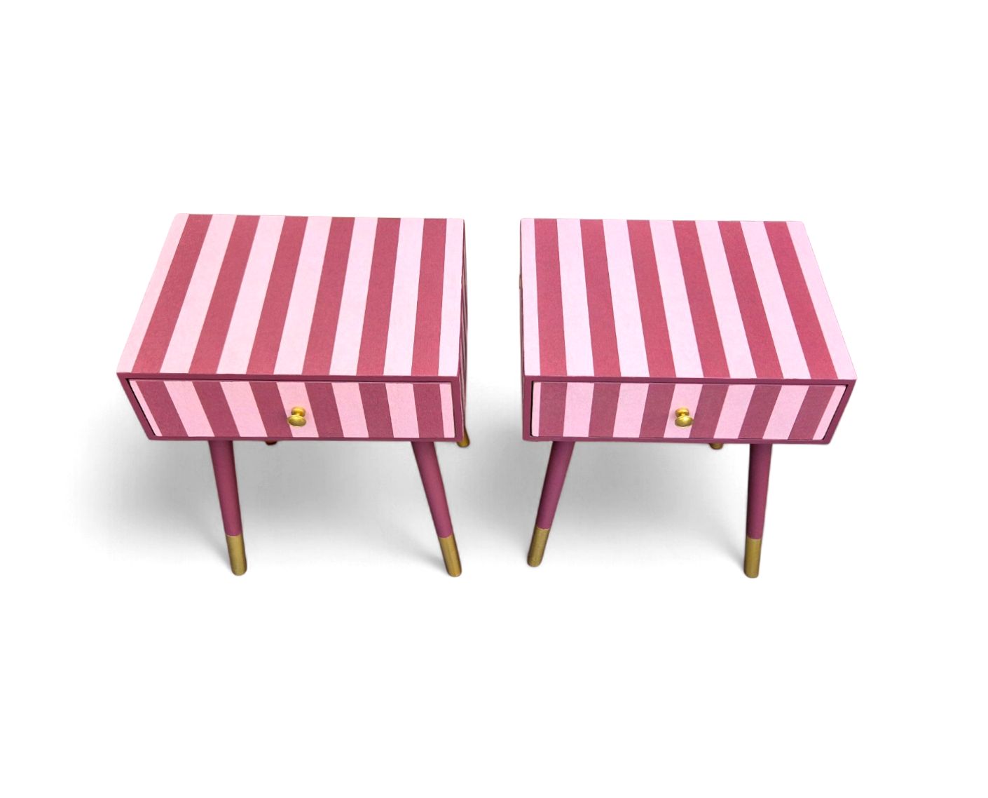Pair Of Luxury Upcycled Bedsides With Maroon Candy Stripe Decoupage photo for sale