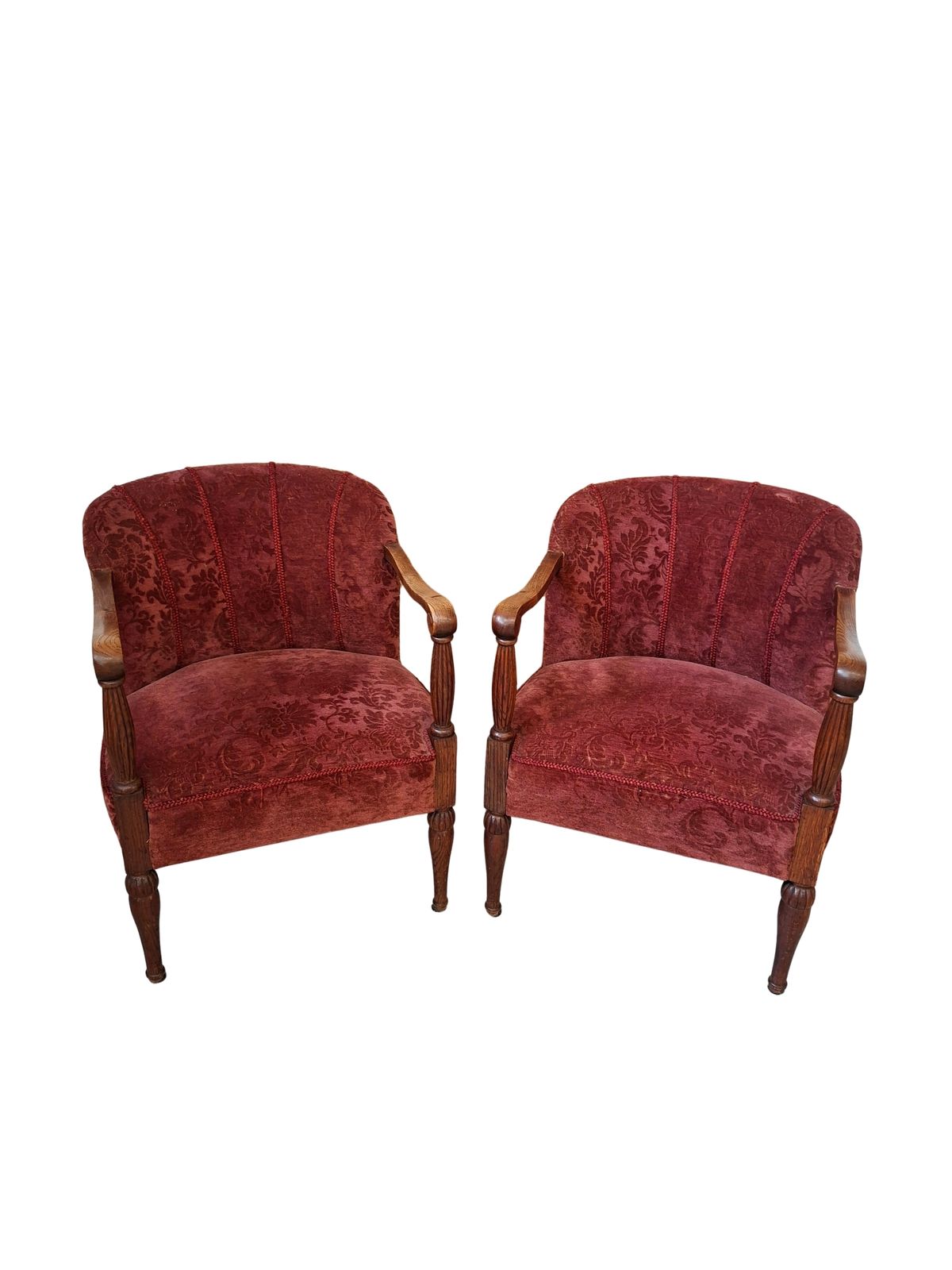 photo vinterior Elegante Coppia Di Poltrone Vintage Anni '60 In Rovere E Velluto Damascato