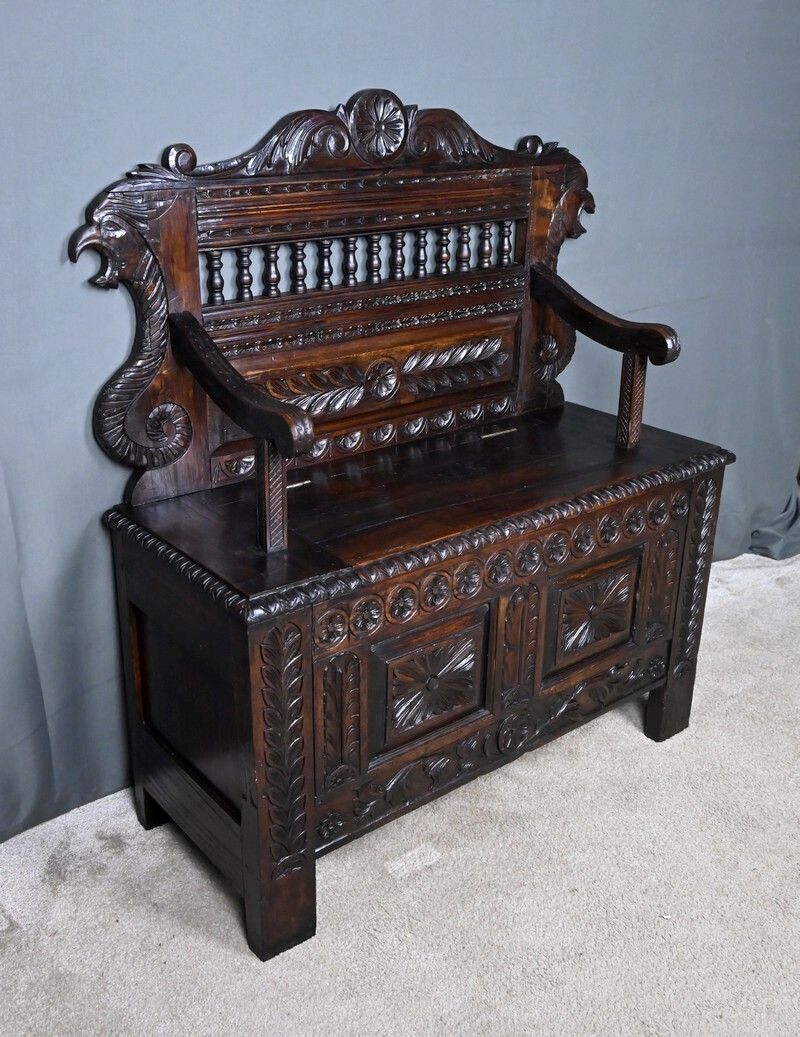 Oak Storage Bench, Neo Gothic Style – Early 20th Century photo 1610.0