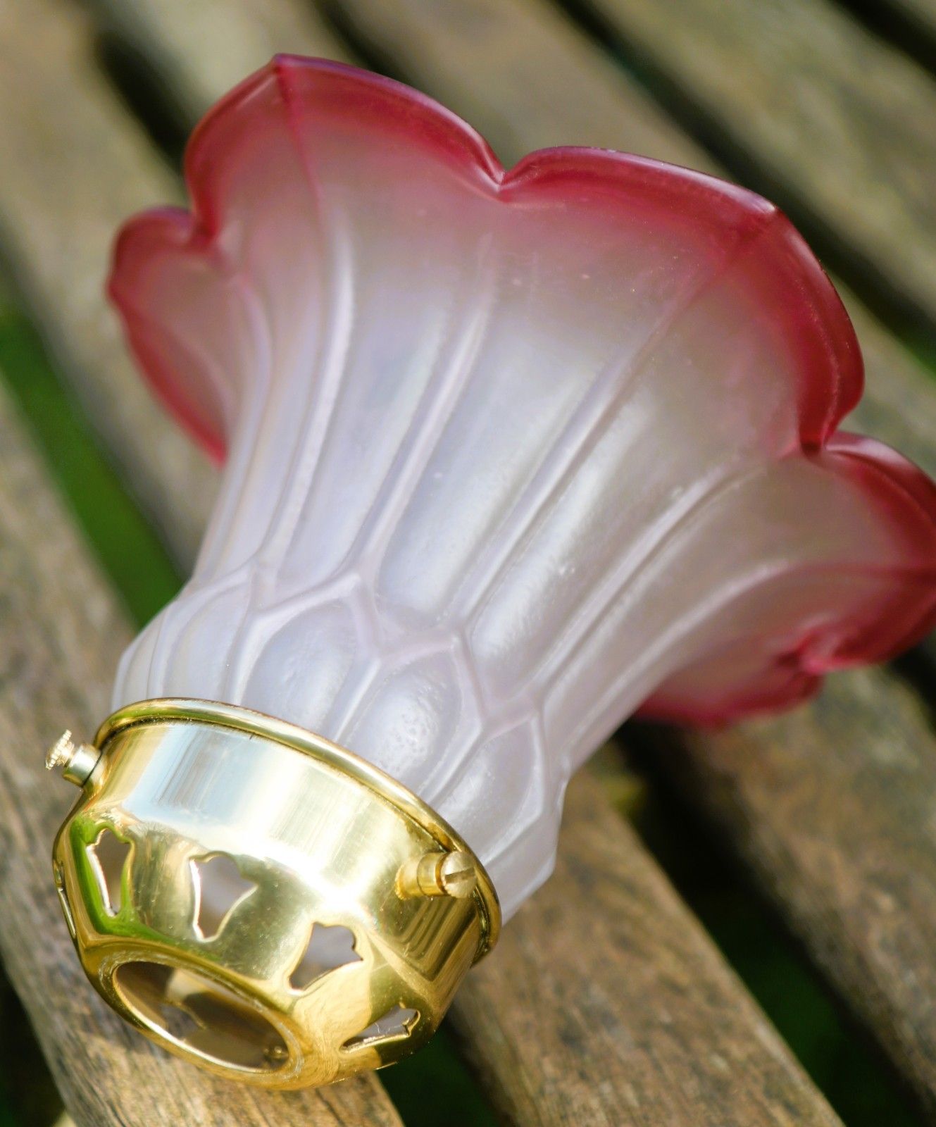Vintage Cranberry Glass Lampshade & Brass Gallery Small Satin 6 Petal Lampshade photo for sale