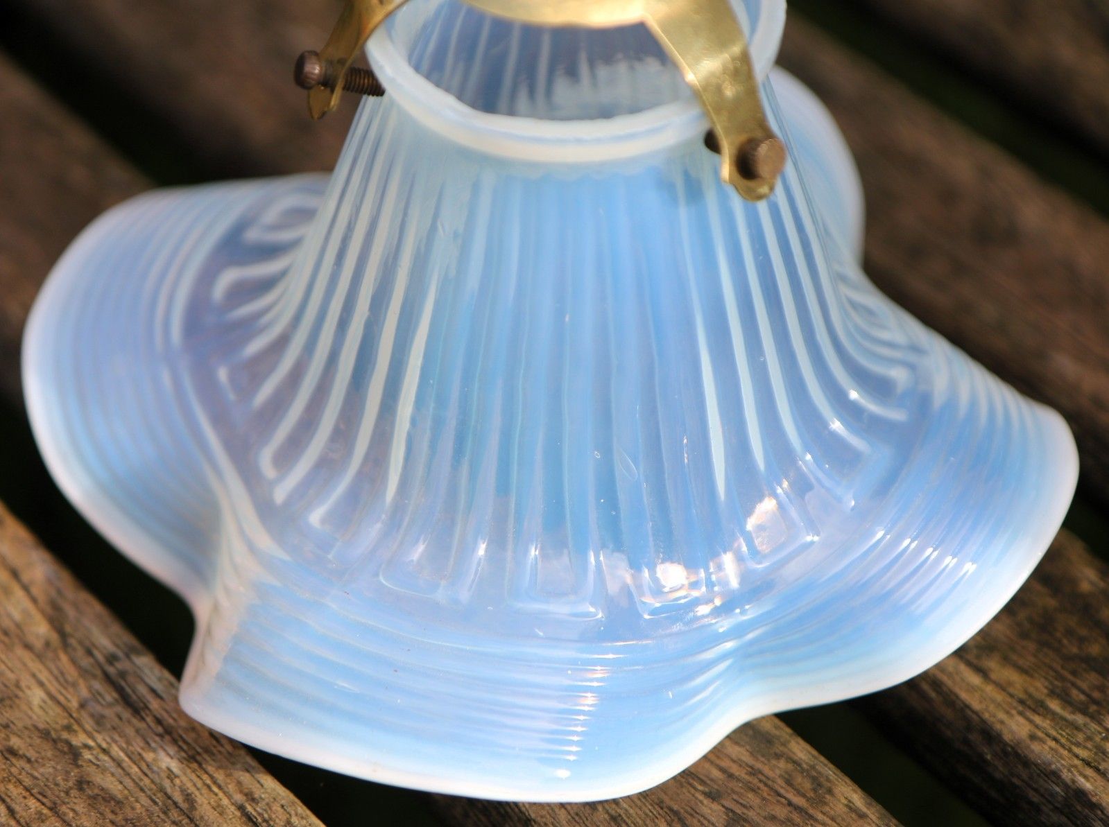 Lighting Antique Vaseline Opalescent Rimmed Glass Lampshade & Vintage Brass Gallery Small photo