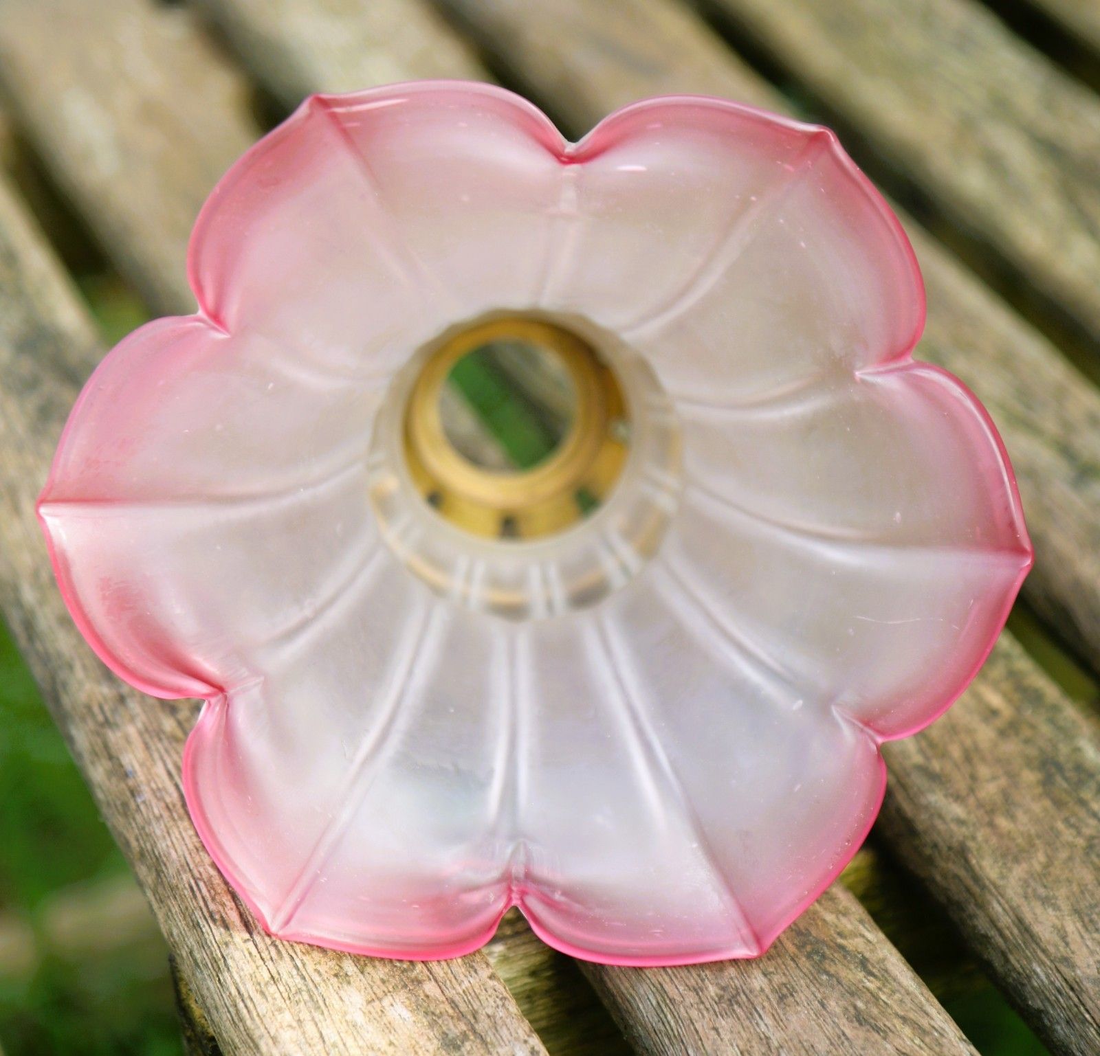 photo for sale Vintage Cranberry Glass Lampshade & Brass Gallery Small Satin 6 Petal Lampshade