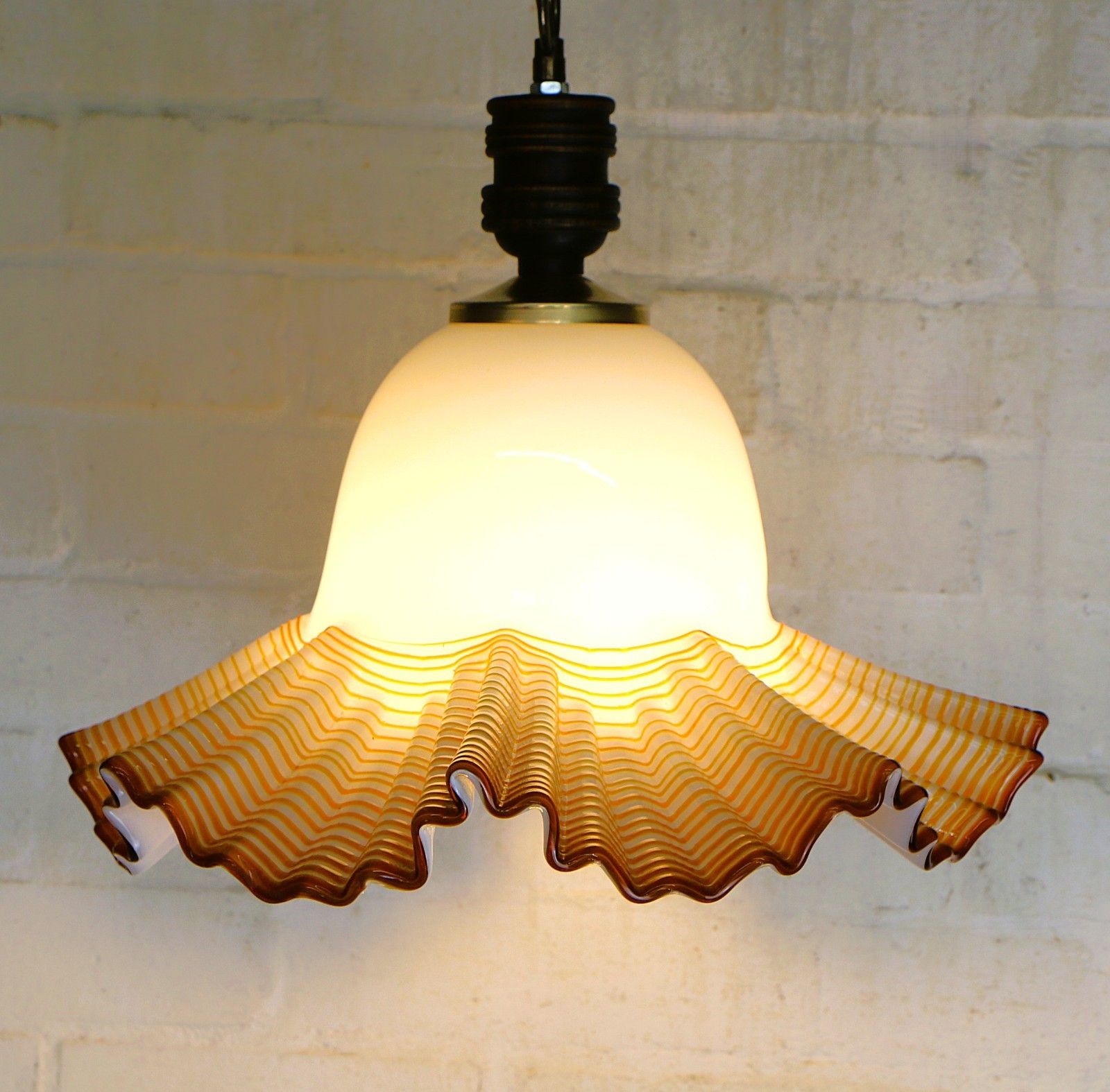 Ceiling Light Vintage Murano Italian White Glass Pendant With Caramel Overlay photo furniture