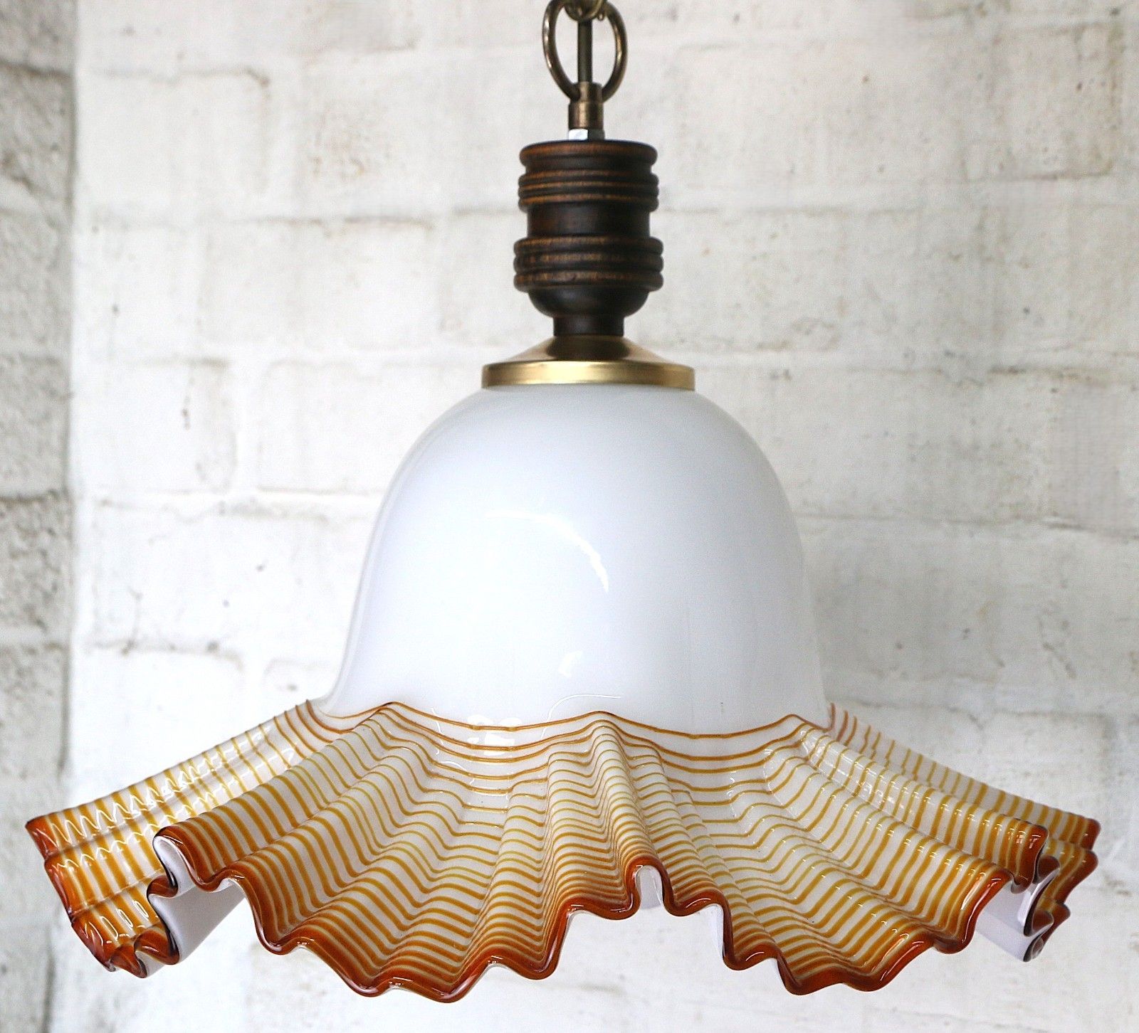 Ceiling Light Vintage Murano Italian White Glass Pendant With Caramel Overlay photo for sale