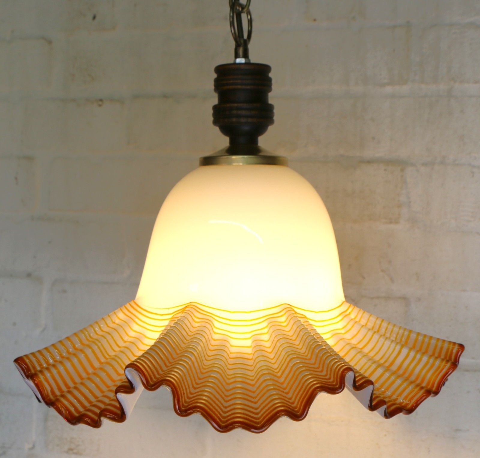 Ceiling Light Vintage Murano Italian White Glass Pendant With Caramel Overlay photo vinterior