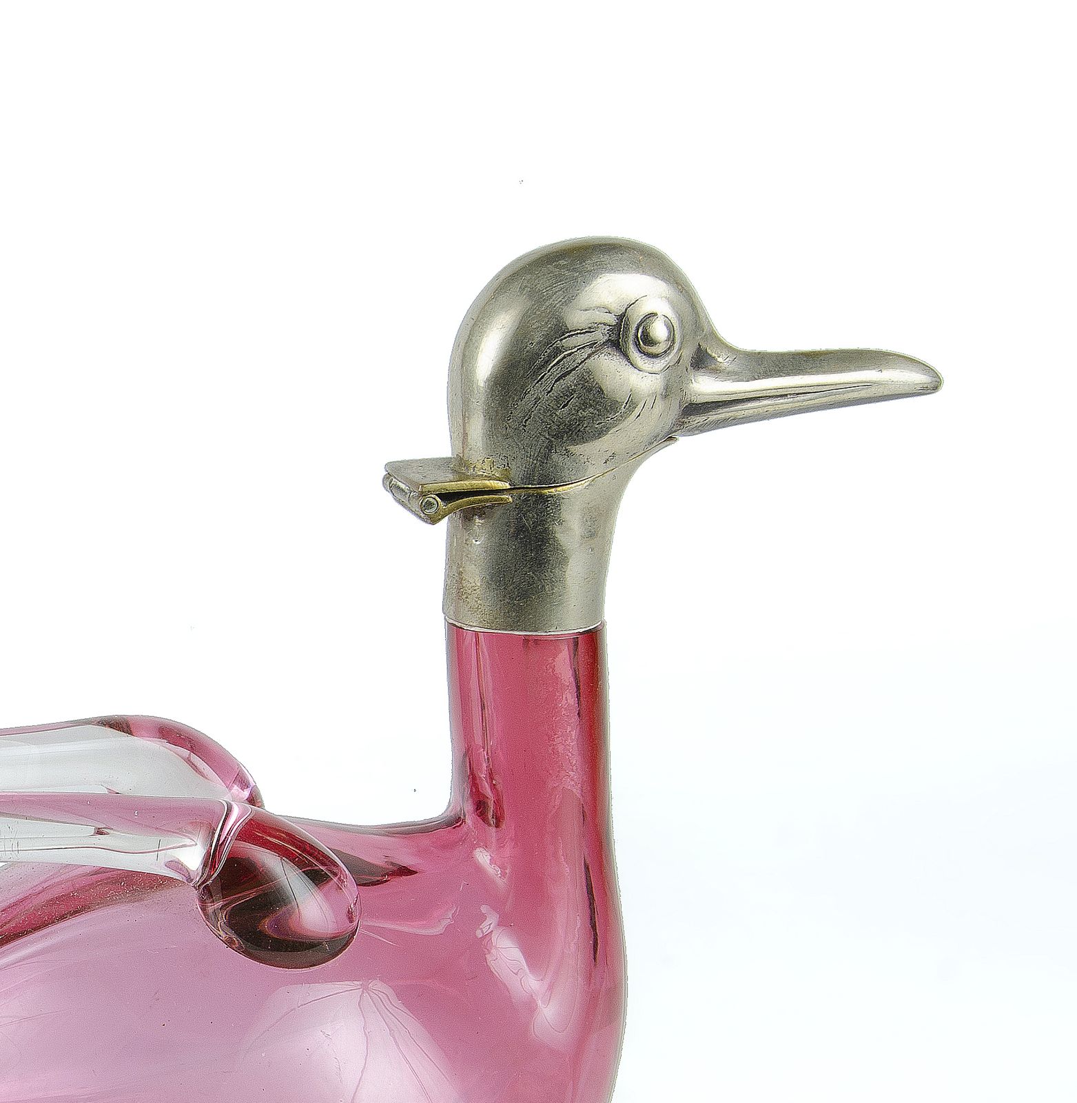 Pair Of 1960s Silver Plated And Deep Cranberry Pink Glass Figural Duck Claret Jugs, Czech Republic photo vinterior