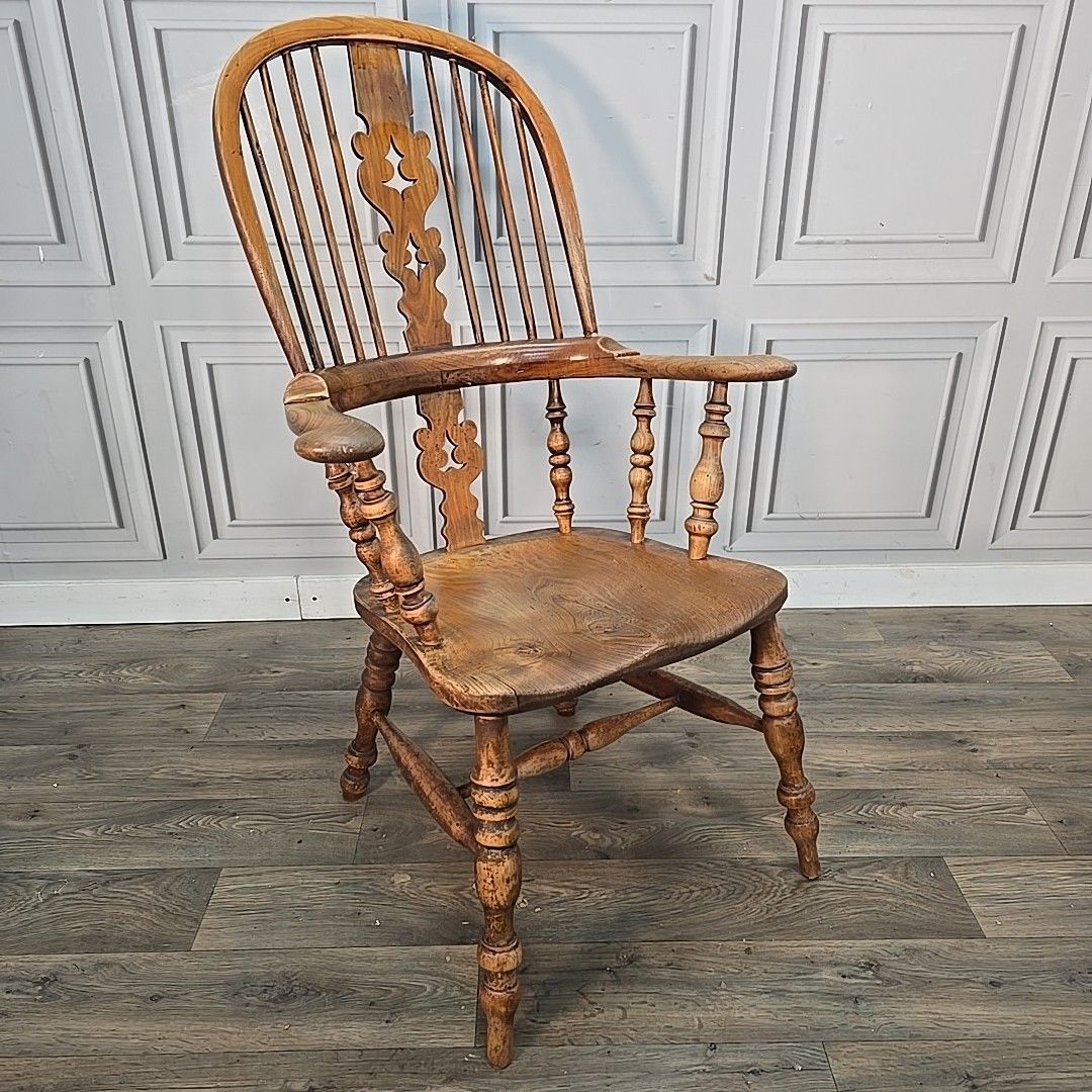 Antique Windsor Armchair Elm Seat Hoop Back 19th Century Turned Wooden Chair photo furniture