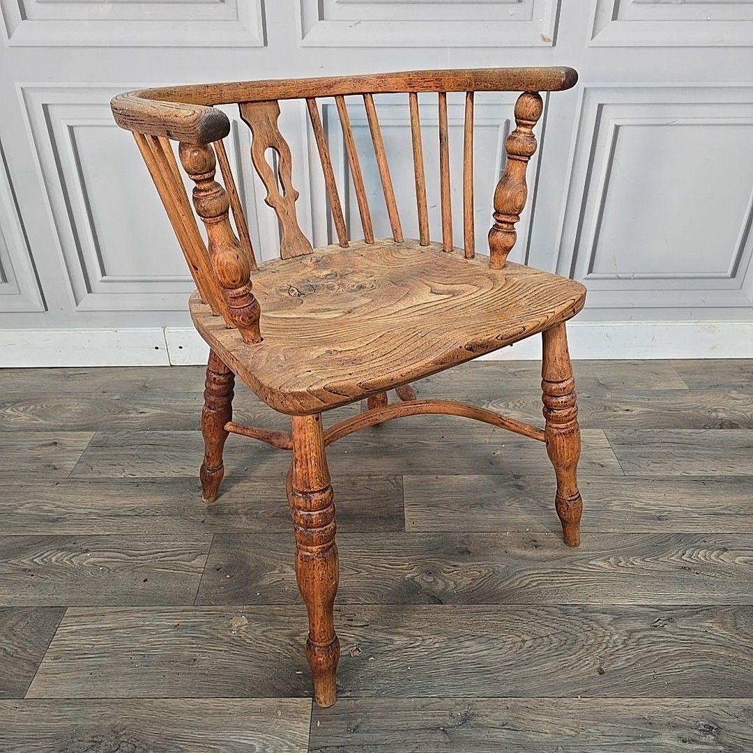 Antique Smokers Bow Chair Elm Seat Wooden Windsor Armchair Desk Hall 19th C