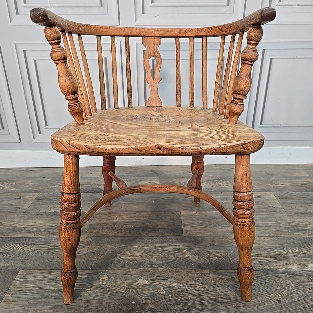 photo furniture Antique Smokers Bow Chair Elm Seat Wooden Windsor Armchair Desk Hall 19th C