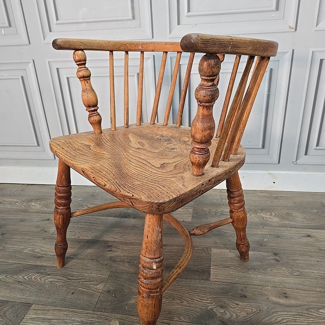230.0 Antique Smokers Bow Chair Elm Seat Wooden Windsor Armchair Desk Hall 19th C photo